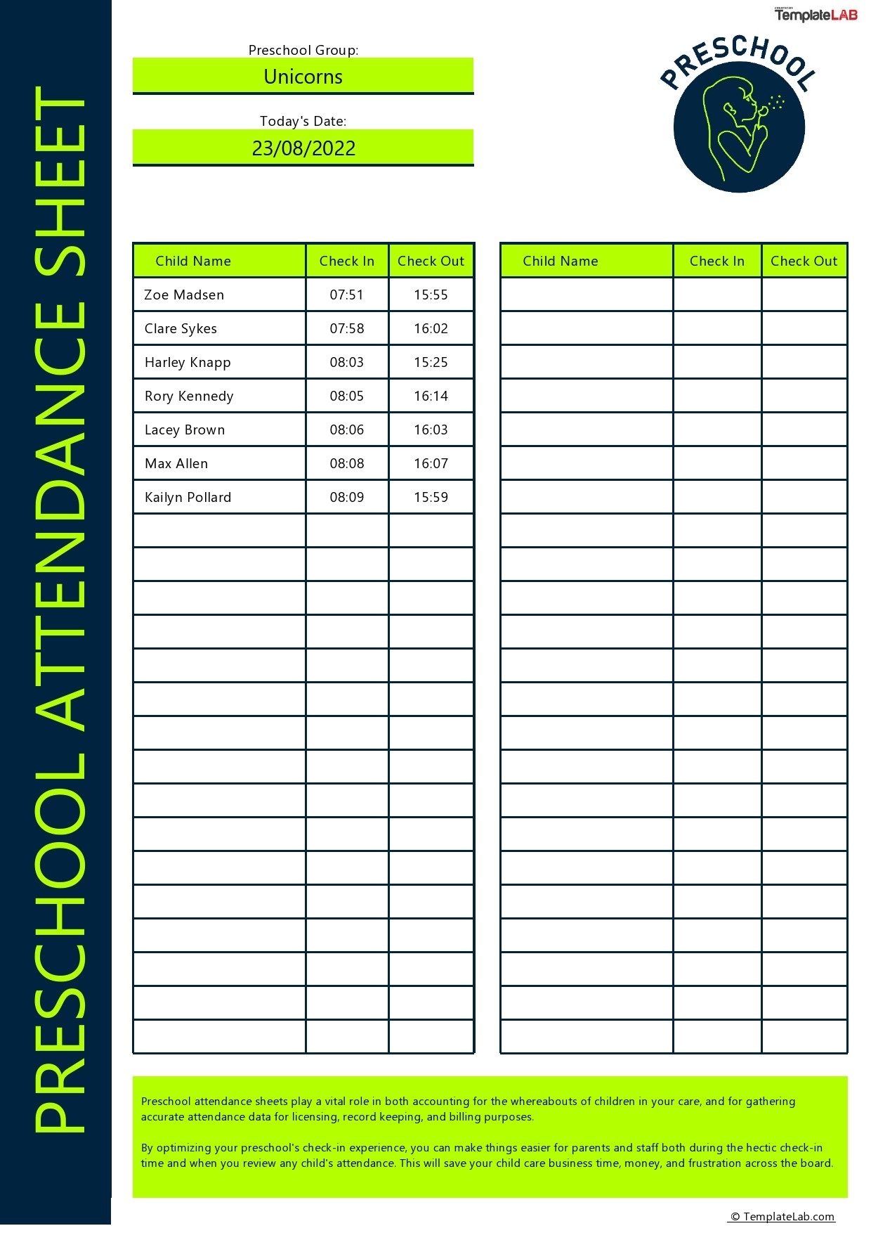 Printable Sign In Sheets For Preschoolers
