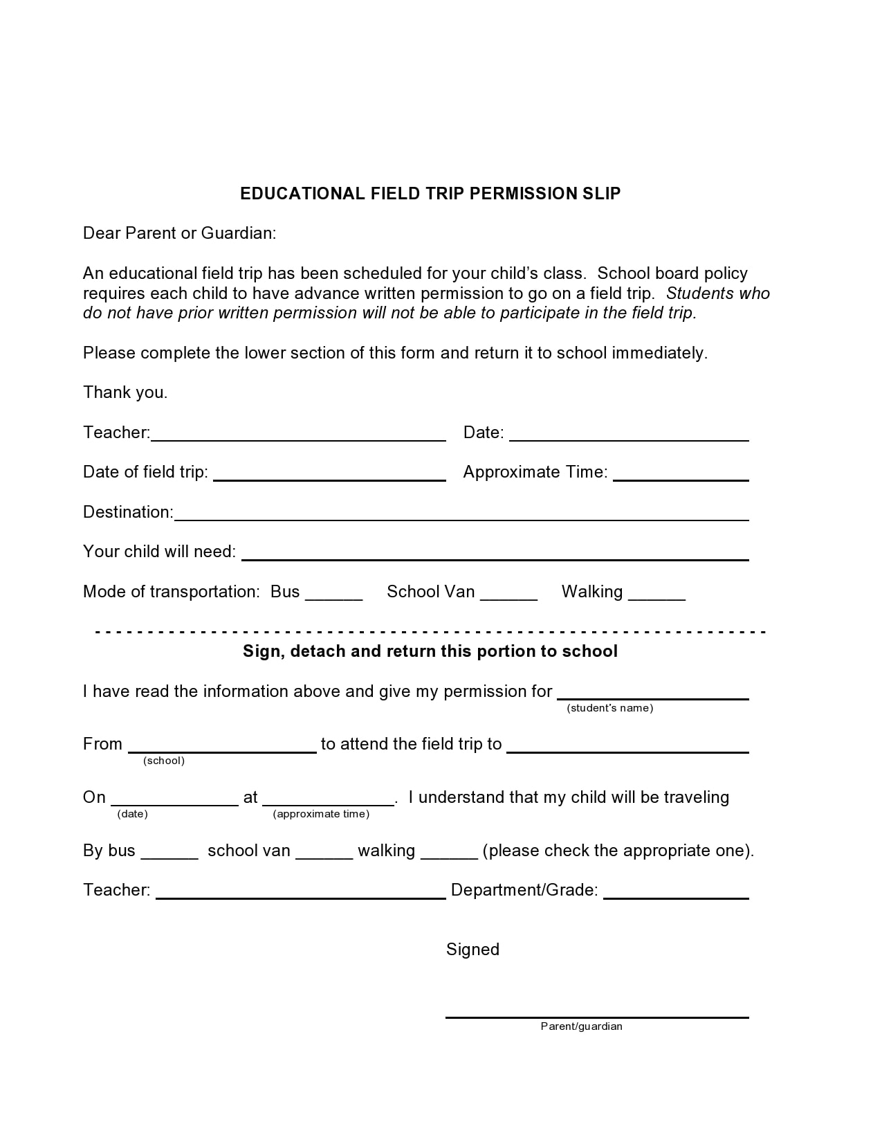 30 Permission Slip Templates Field Trip Scouts Generic 