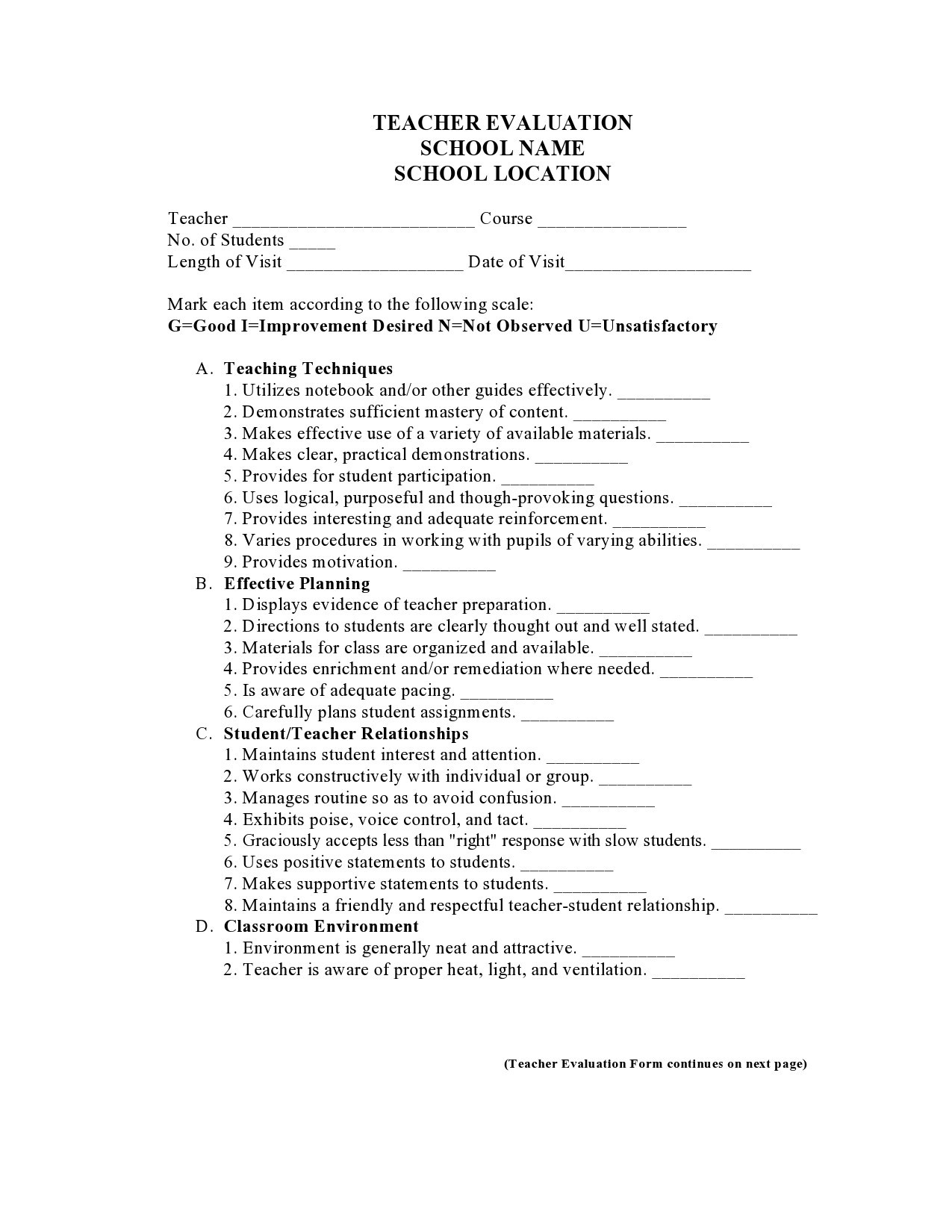 Printable Preschool Teacher Evaluation Forms