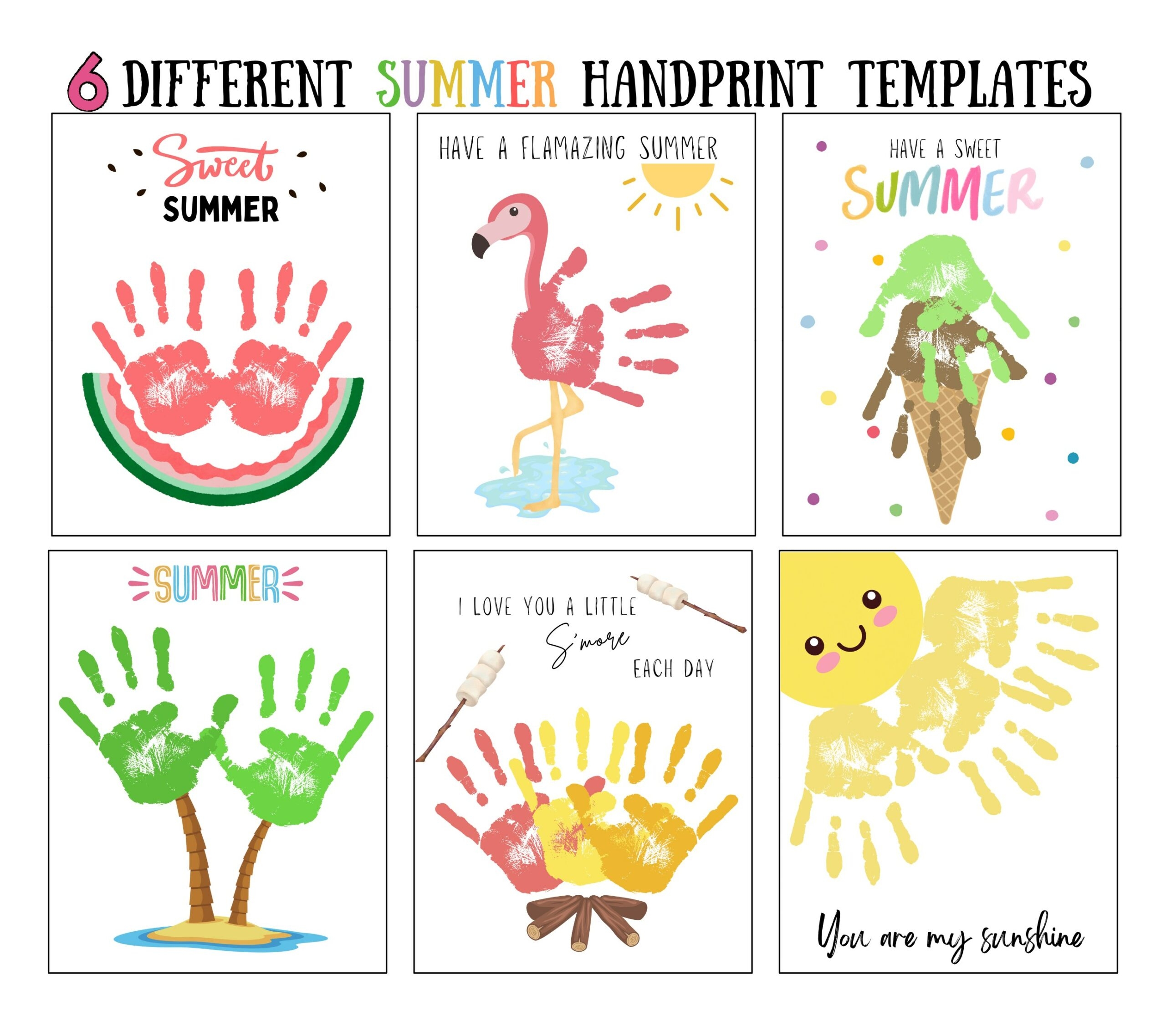 6 Summer Handprint Craft Art Printable Template Bundle Summer 