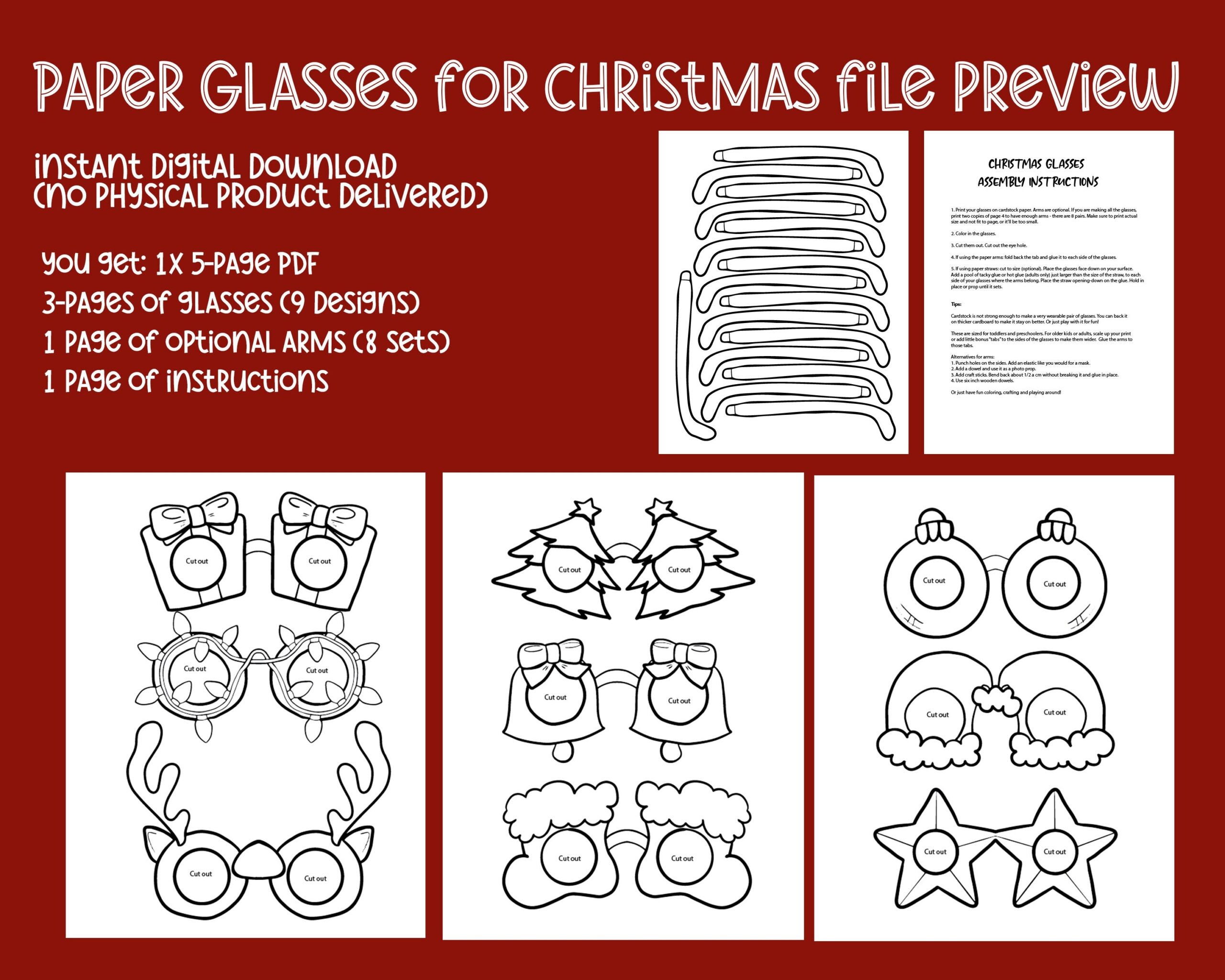 9 Paper Glasses For Christmas Coloring Pages And Crafts For Kids Printable Paper Craft Perfect For Preschool Masks Or Photo Props Etsy Ireland