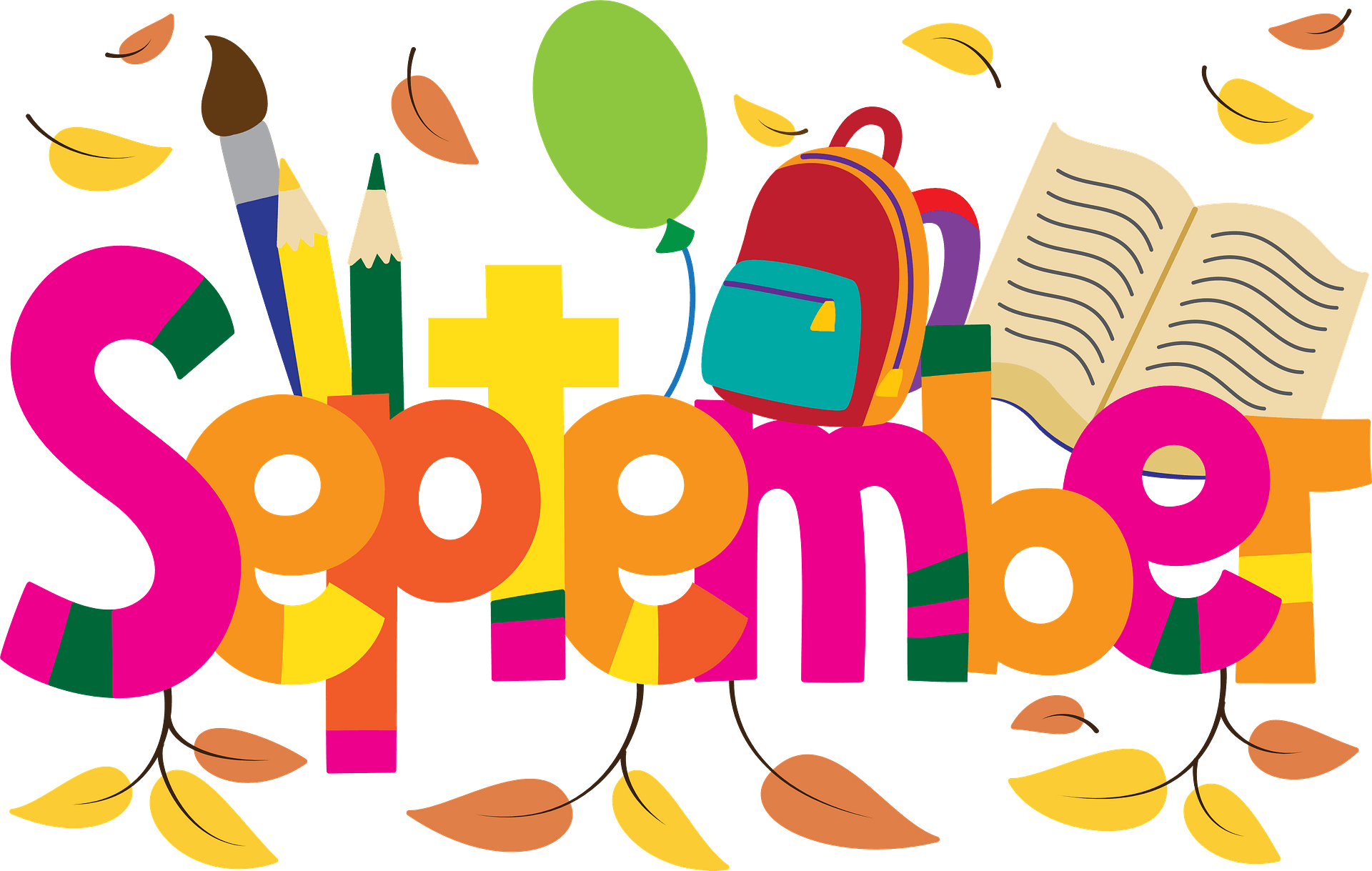 A Colorful Clipart Image Featuring The Word September With Various School Supplies And Autumn Leaves 5773958