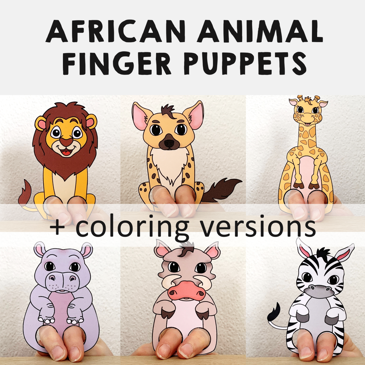 African Animals Finger Puppets Printable Coloring Paper Craft Activity Templates