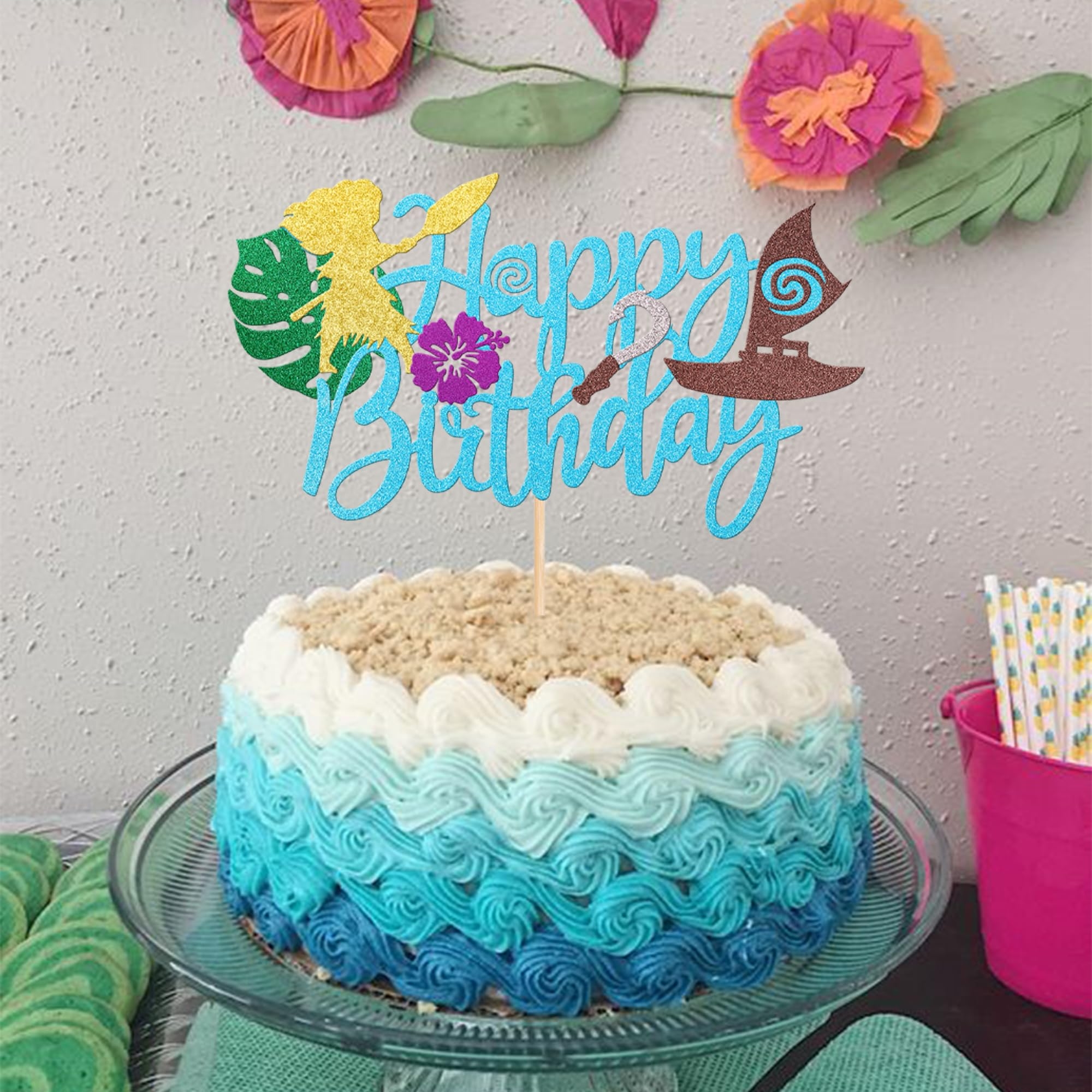 Amazon 1 PCS Moana Happy Birthday Cake Topper Glitter Palm 