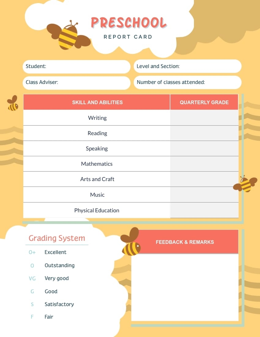 Printable Preschool Report Card Template