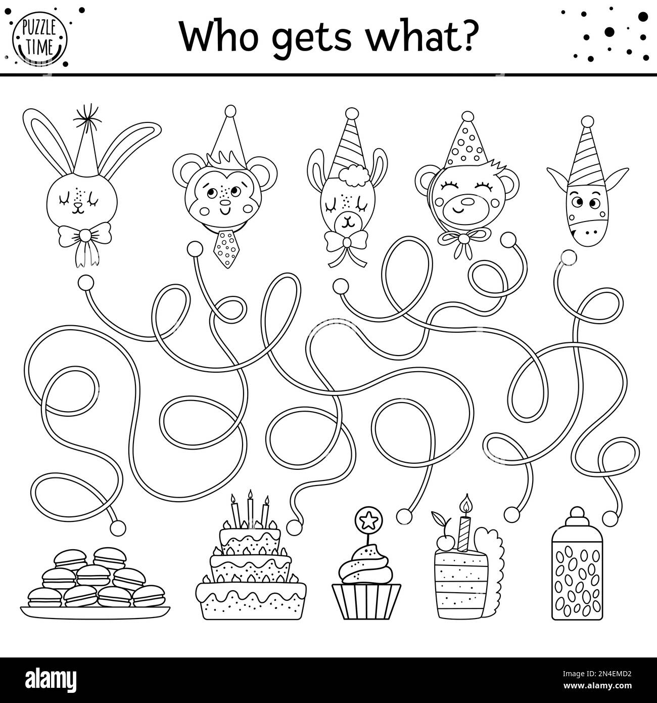 Birthday Black And White Maze For Children Holiday Preschool Printable Outline Educational Activity Funny Line B day Party Game Or Puzzle With Cute Stock Vector Image U0026 Art Alamy
