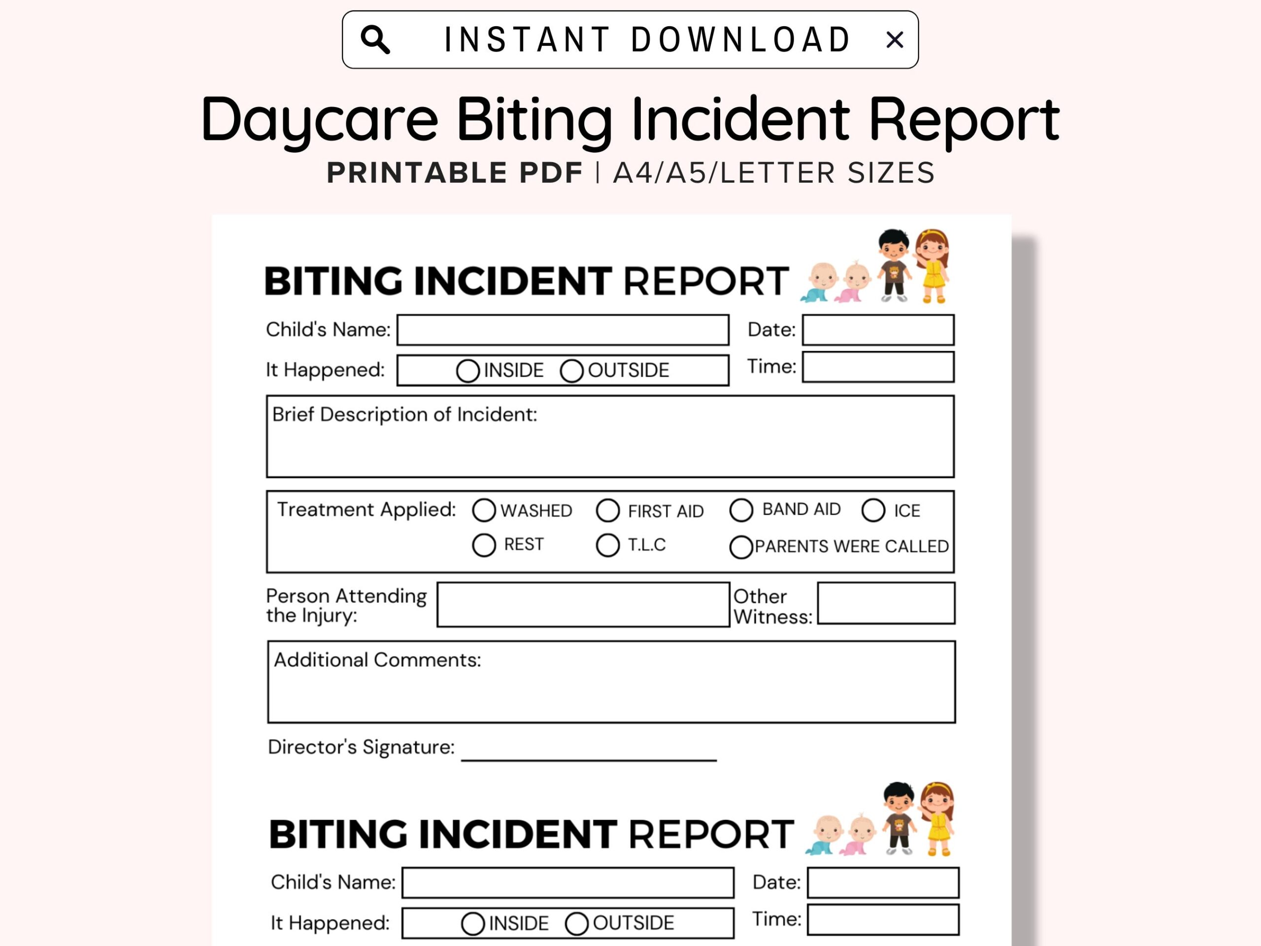 Biting Incident Report Daycare Printable Child Incident Report Preschool Accident Or Injury Form Child Care Centers And Home Daycares Etsy New Zealand