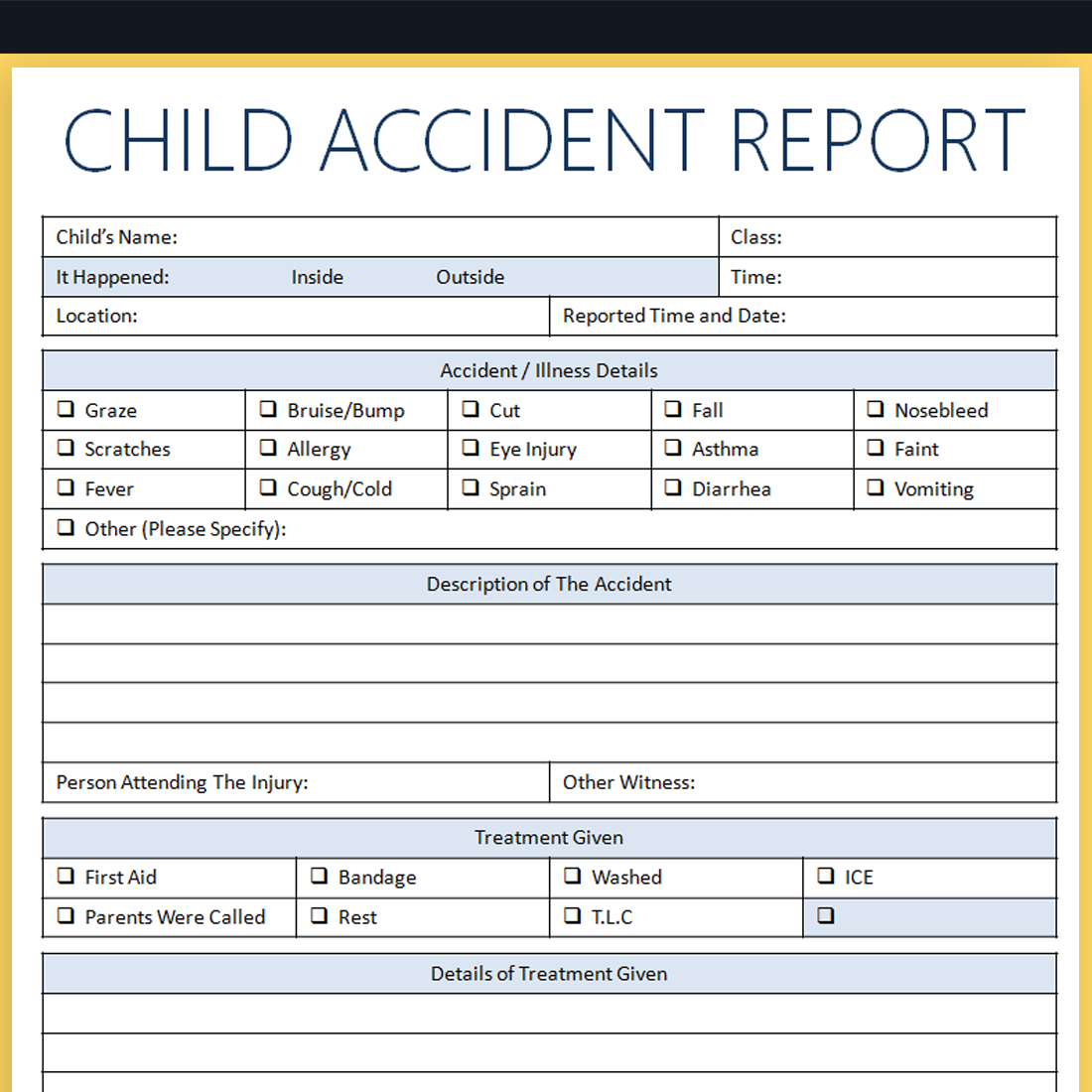 Child Accident Report Form Made By Teachers