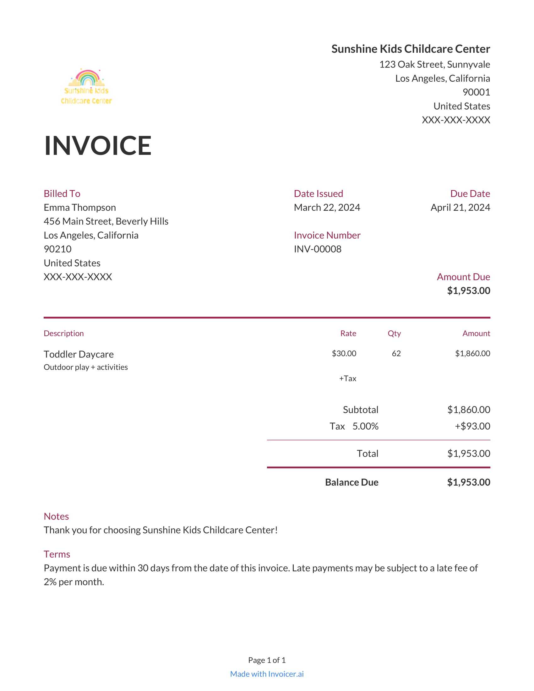 Child Care Invoice Templates