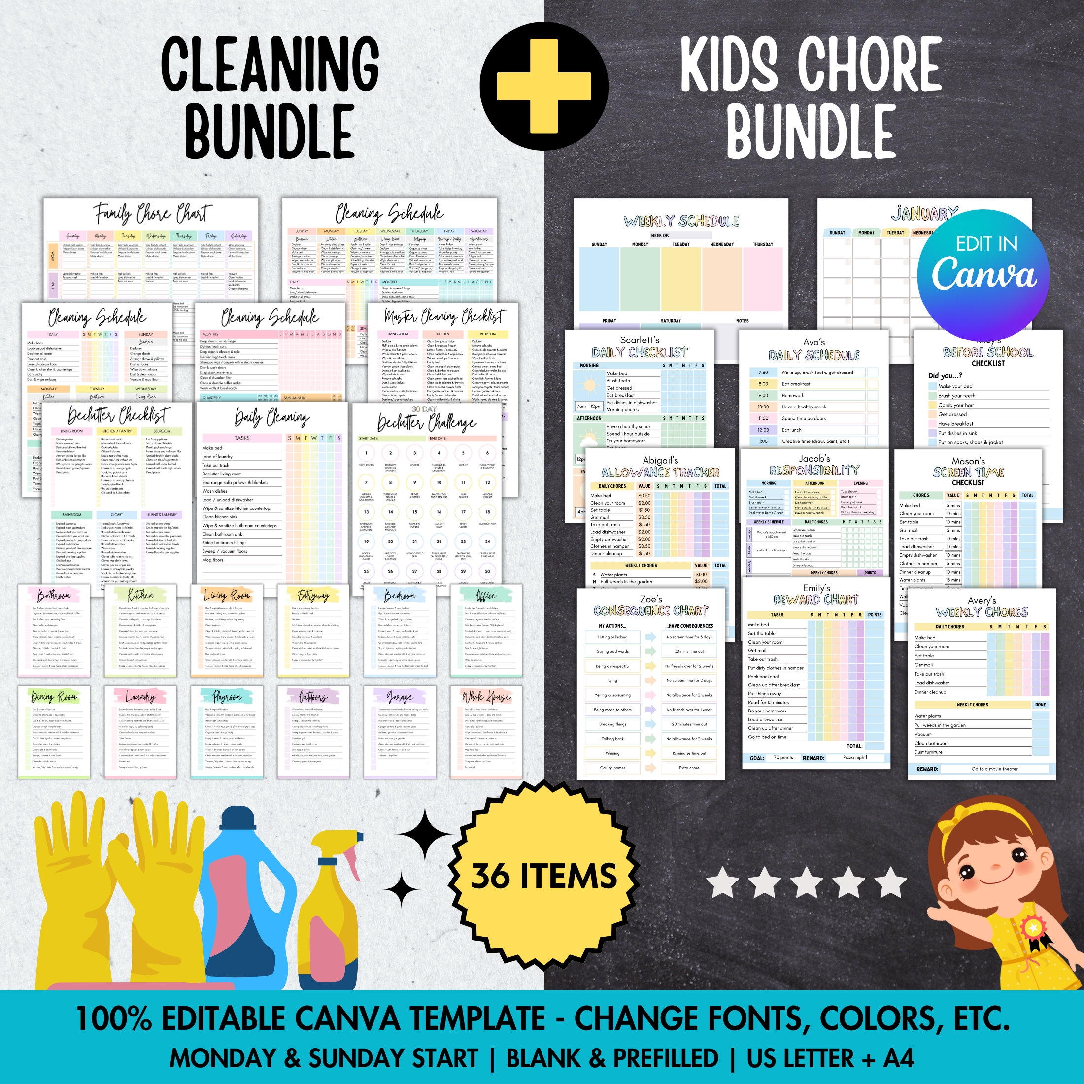 Cleaning Planner Kids Chore Bundle Editable Cleaning Checklist 
