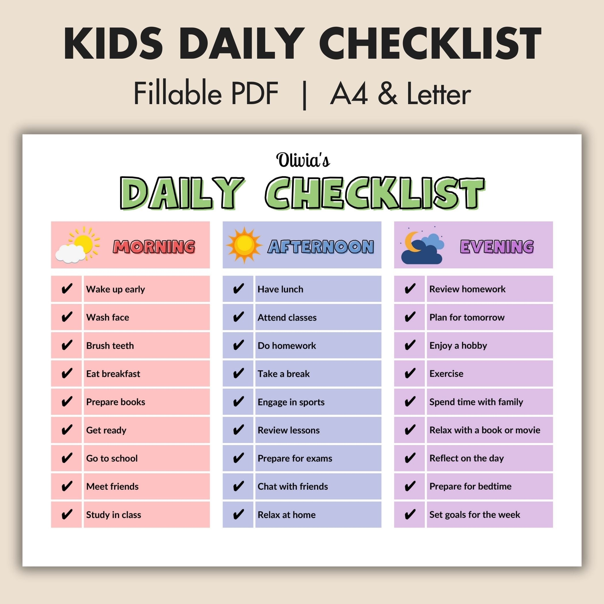 Daily Checklist For Kids Kids Responsibility Chart To Do List 