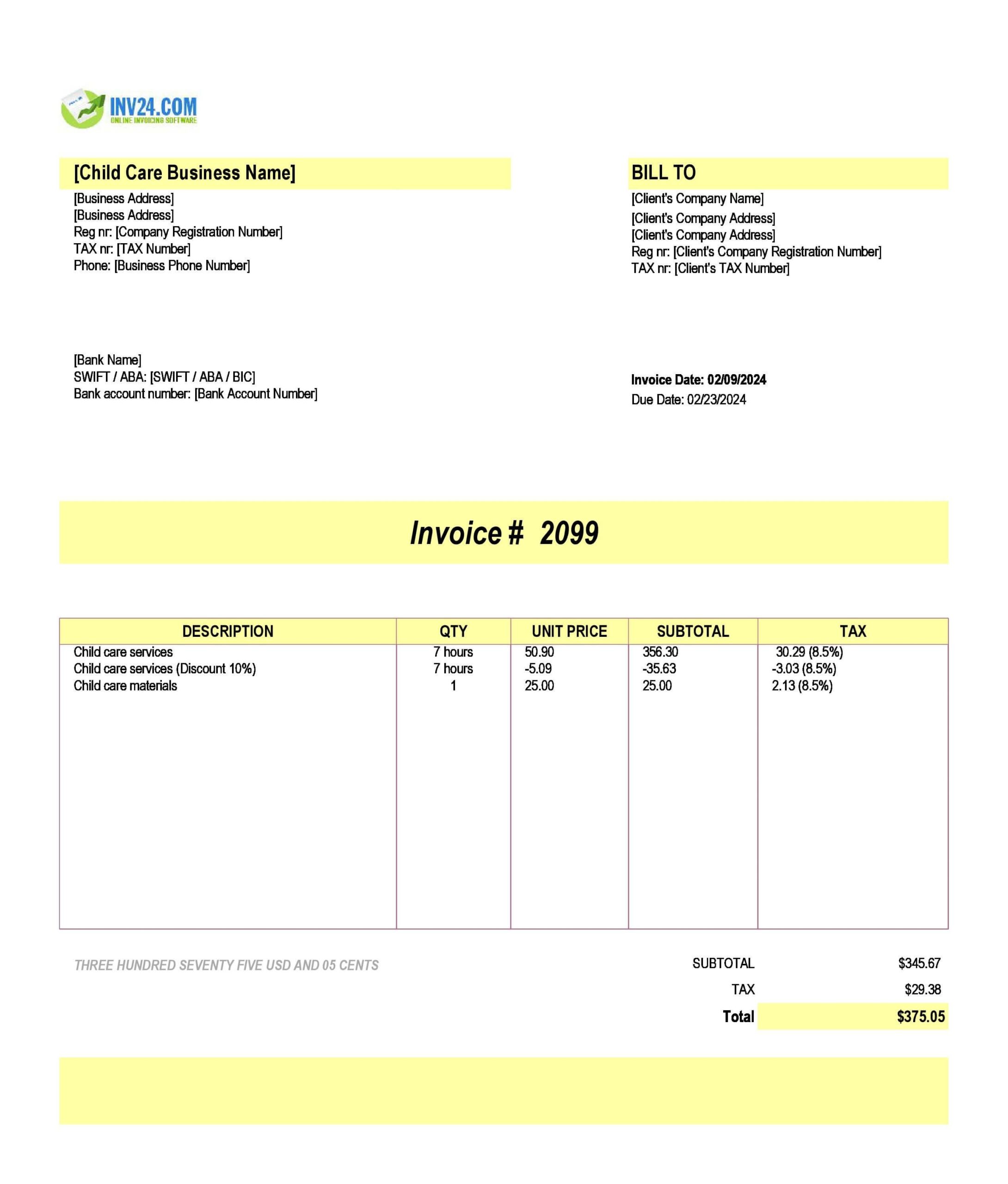 Printable Preschool Billing Invoice