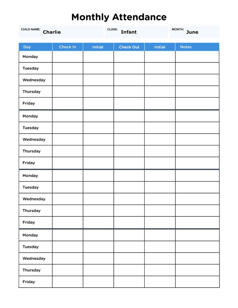 Daycare Monthly Attendance Sheet For Single Child With Fillable 