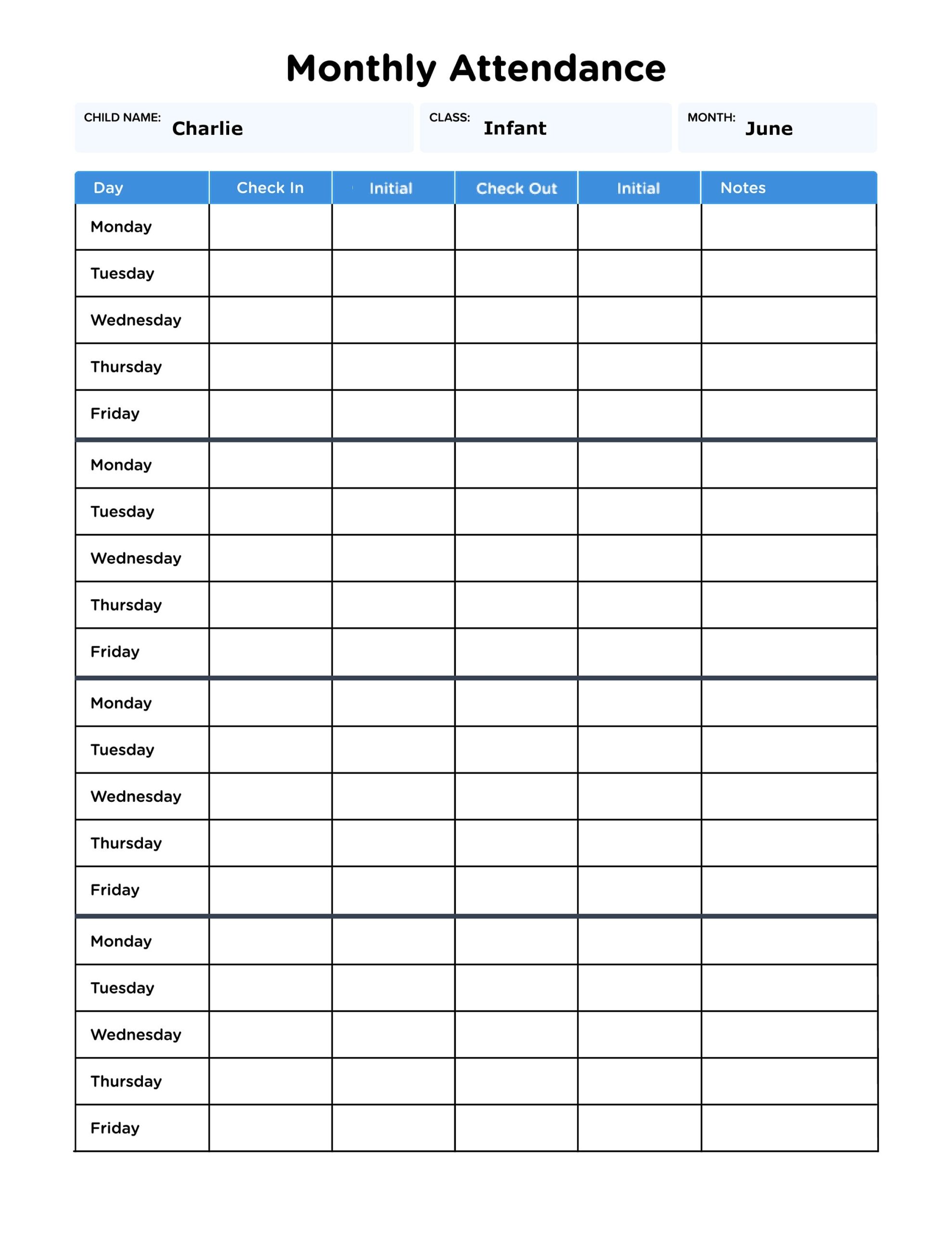 Daycare Monthly Attendance Sheet For Single Child With Fillable