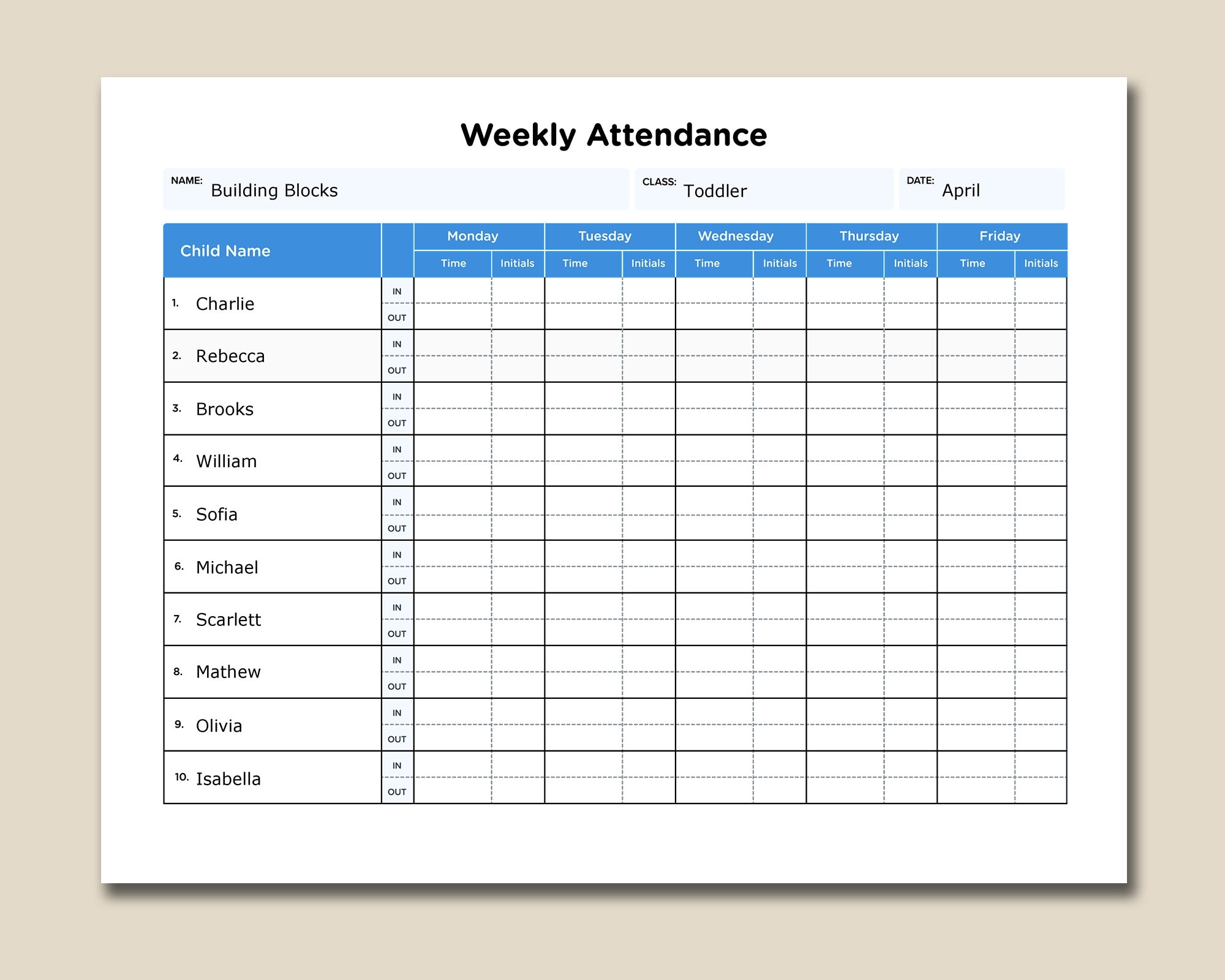 Daycare Weekly Attendance Sheet With Fillable Form Fields HD PNG And Fillable PDF Instant Download Save U0026 Print Your Today 