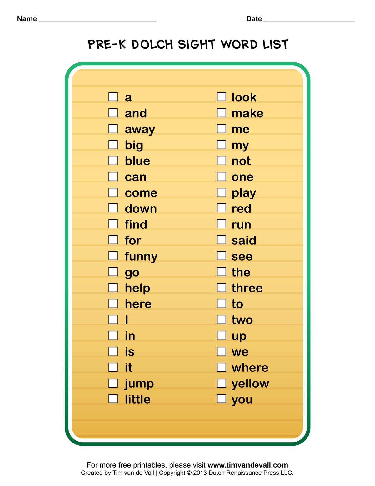 Printable Preschool Sight Words List