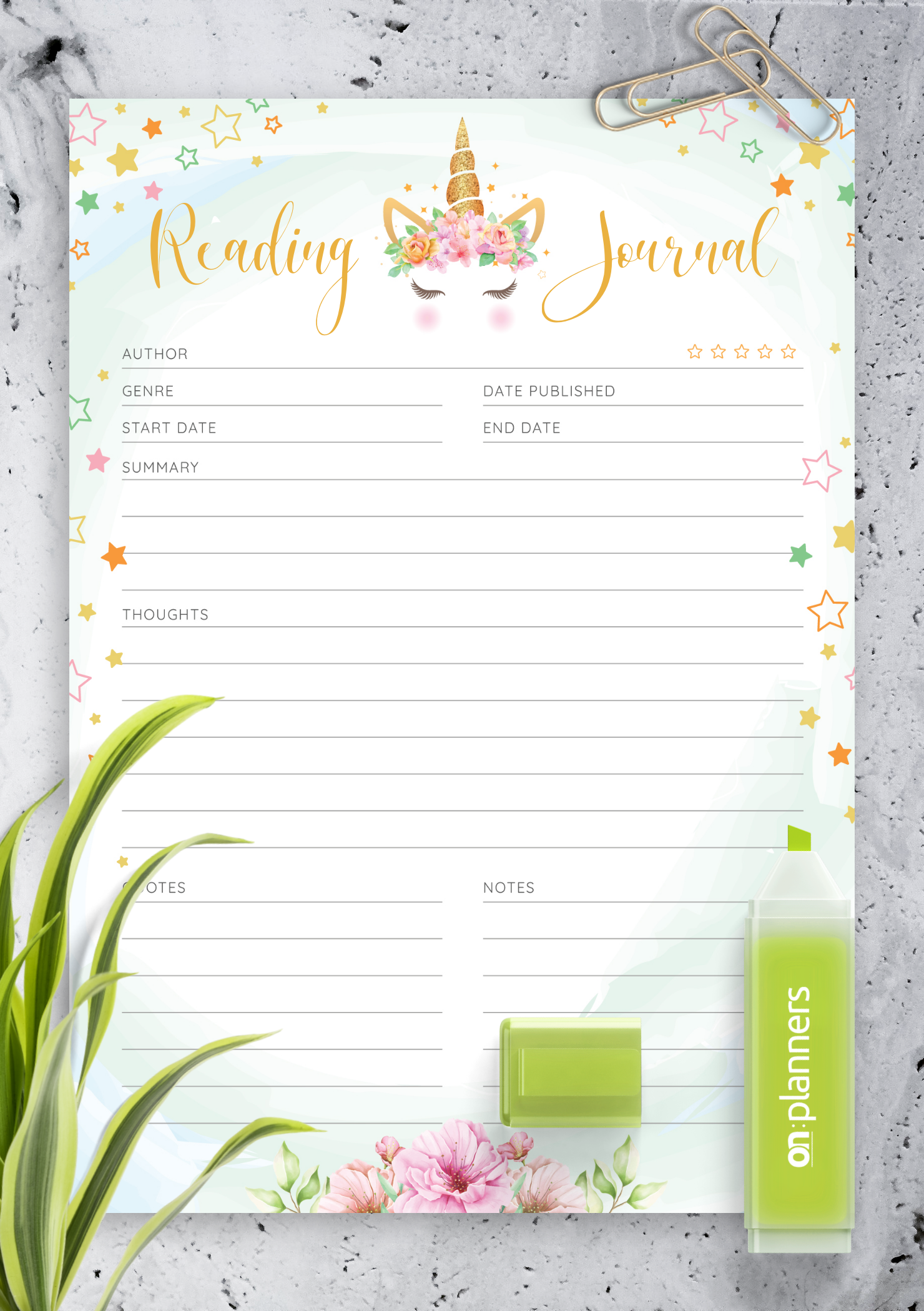 Download Printable Stars Unicorn Reading Journal Template For Kids PDF