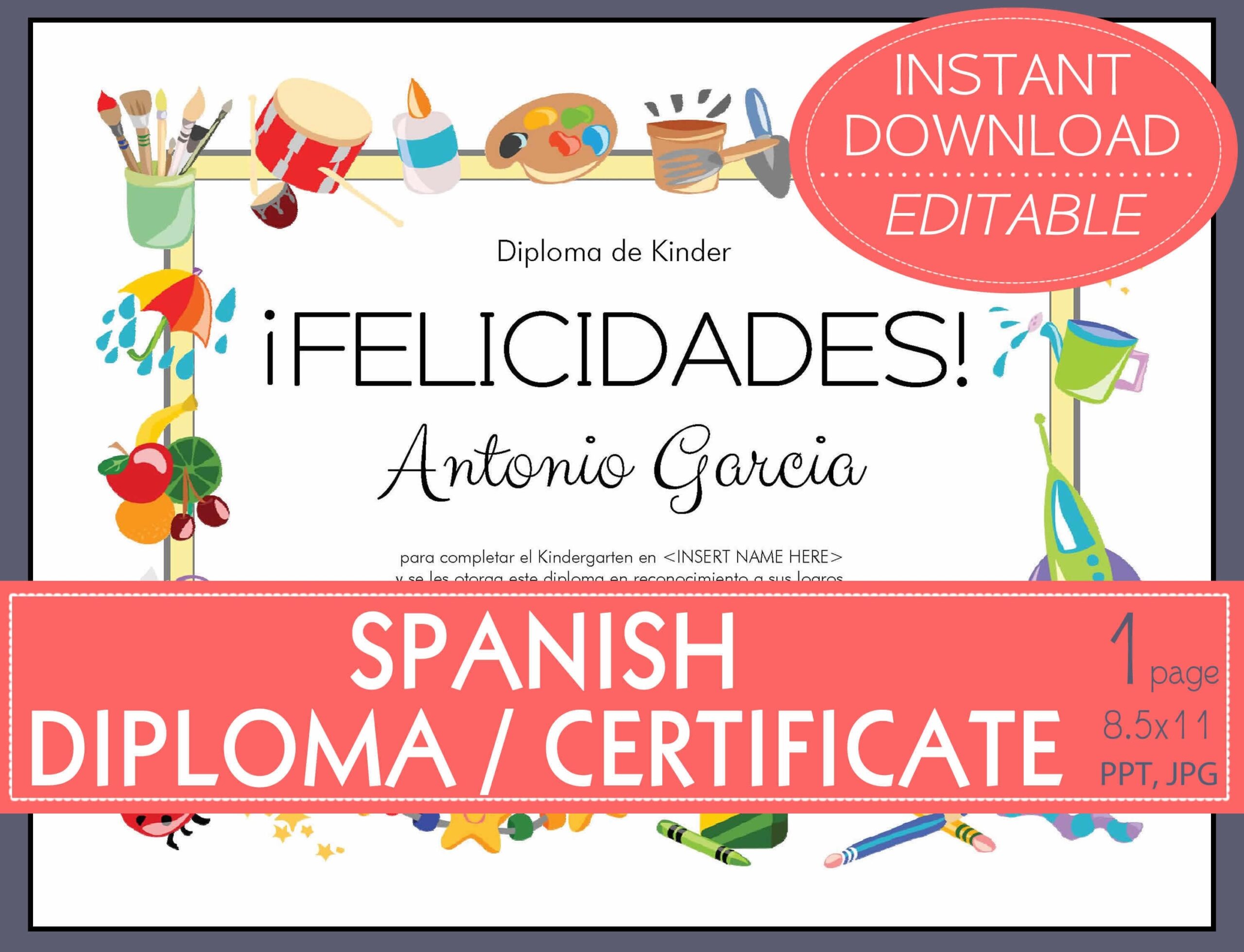 Editable SPANISH CERTIFICATE DIPLOMA For Graduation Preschool 