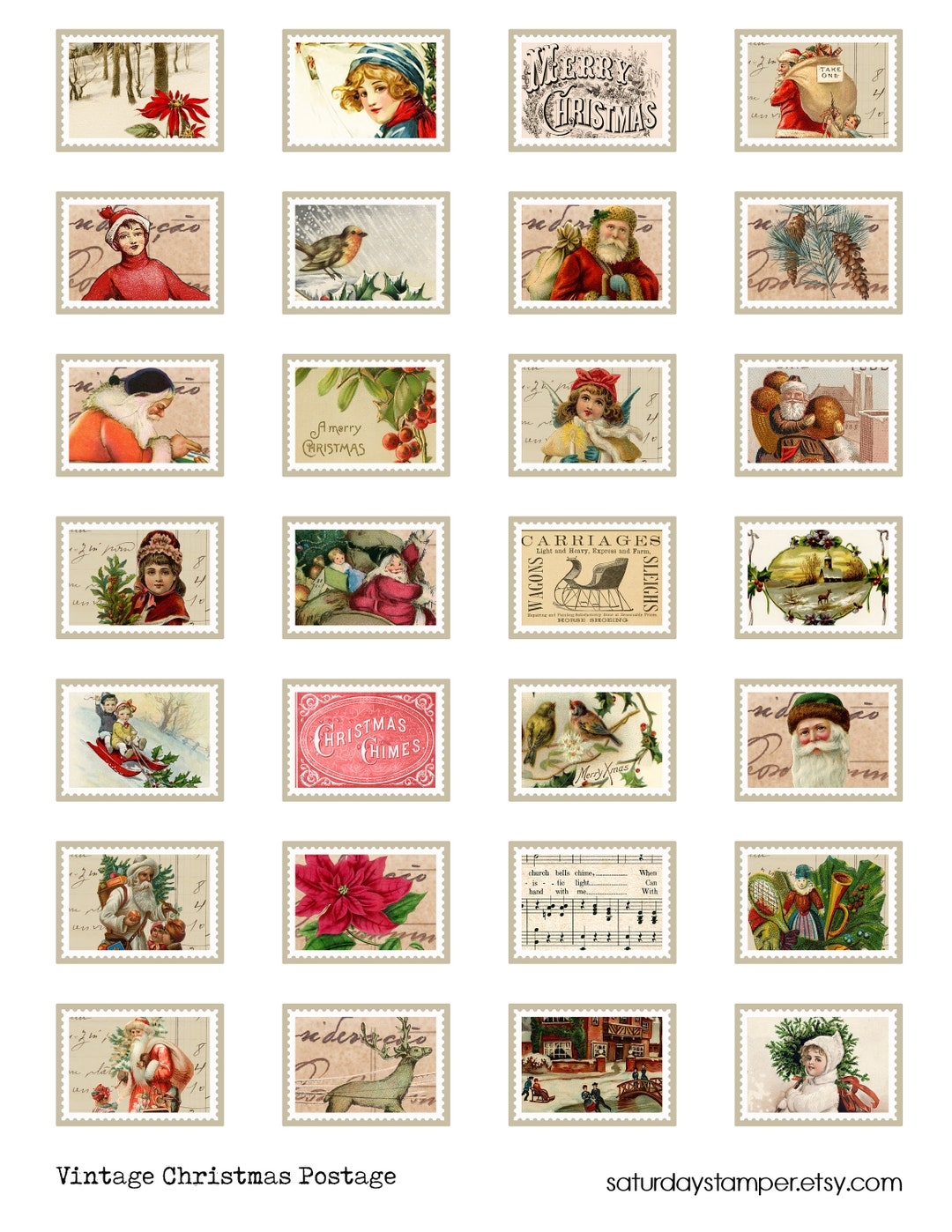 Faux Postage Stamps Christmas Stamps Digital Printable Vintage Worksheets Library