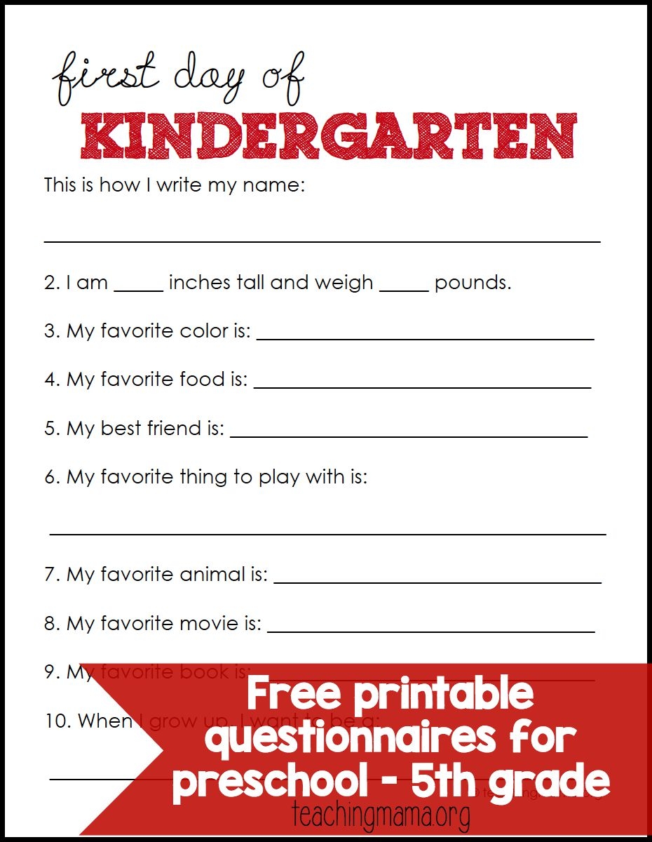 First Day Of School Questionnaires