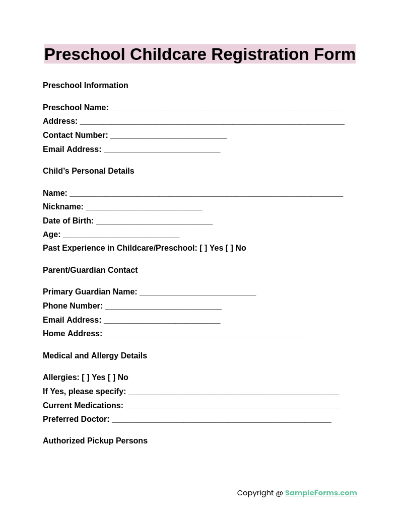 FREE 53 Childcare Registration Form Samples PDF MS Word Google 