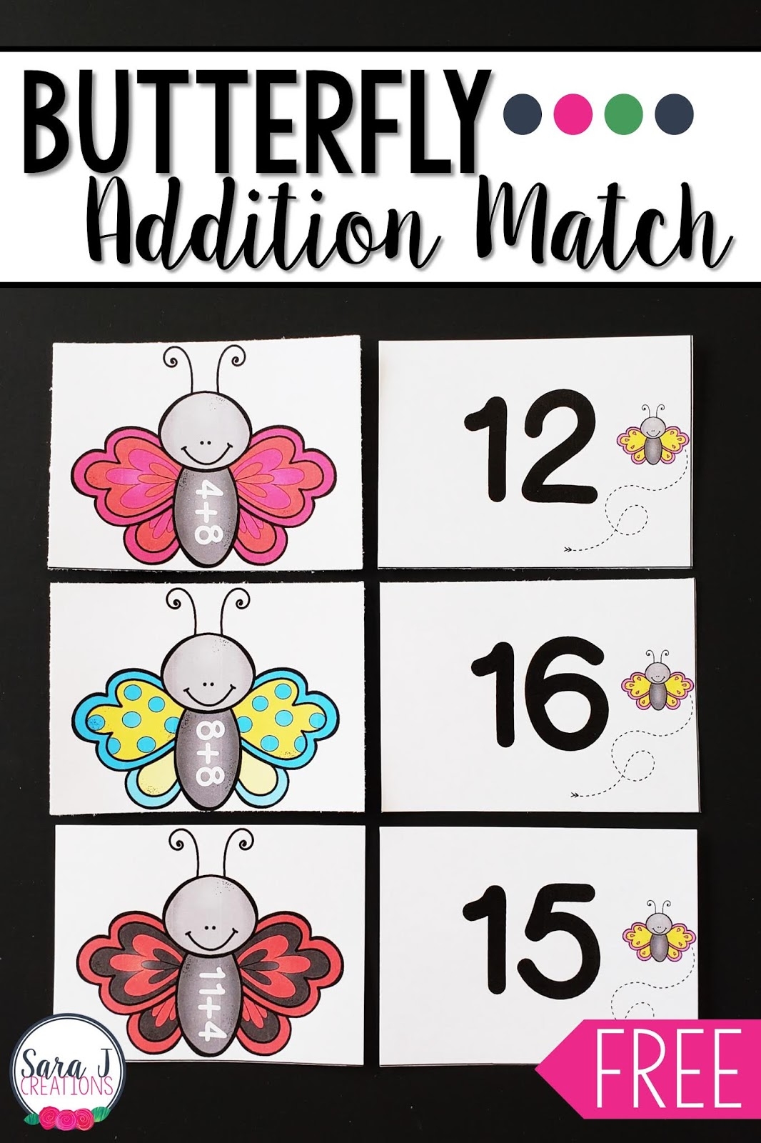 Free Butterfly Addition Within 20 Matching Game Sara J Creations