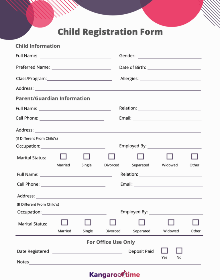 Free Child Registration Form Template For Daycares