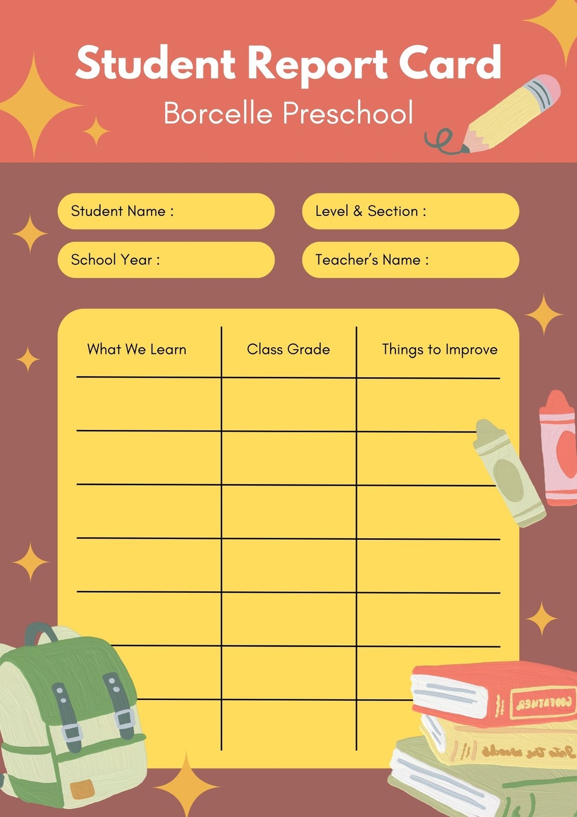 Printable Preschool Report Card