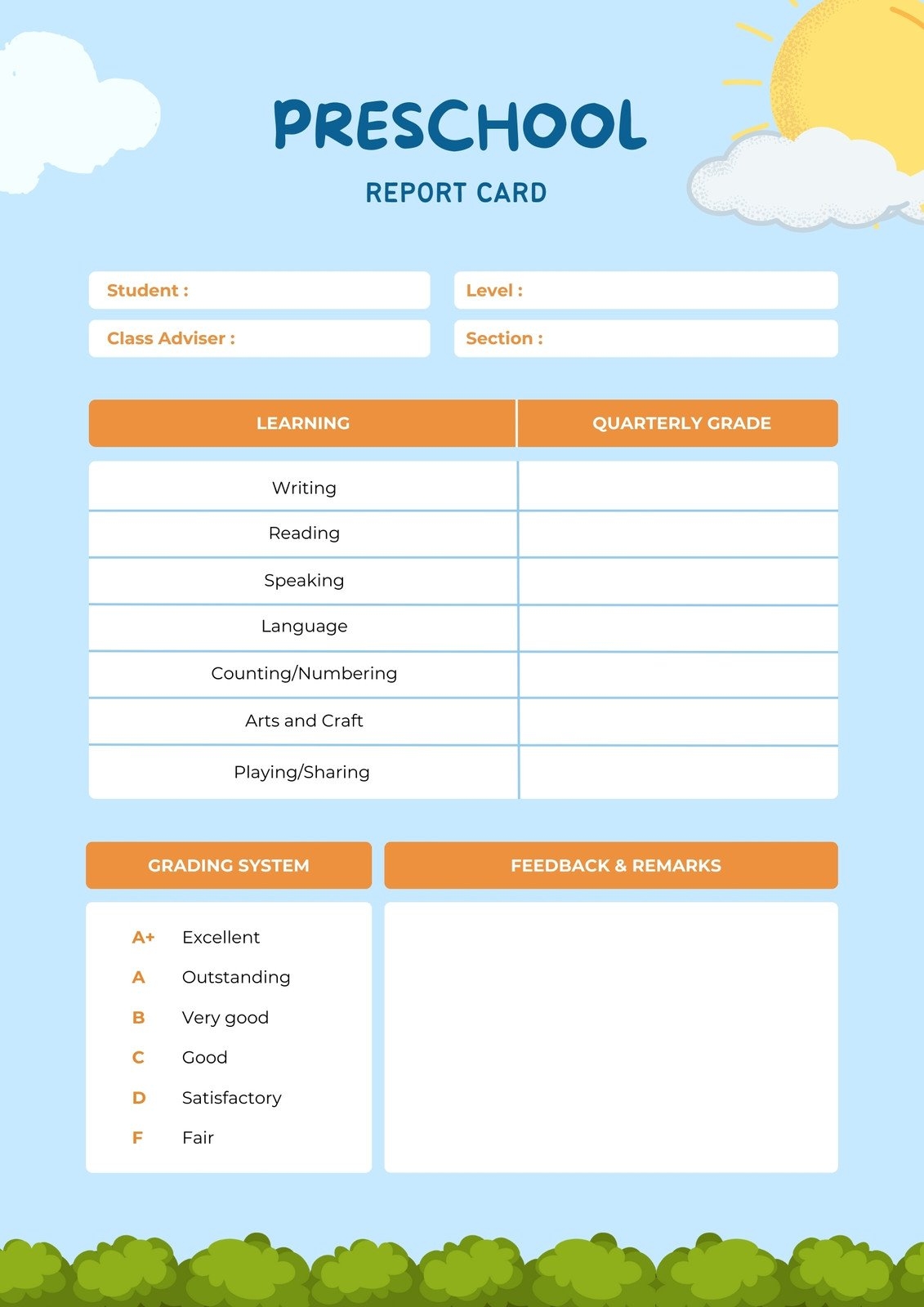 Free Custom Printable Preschool Report Card Templates Canva