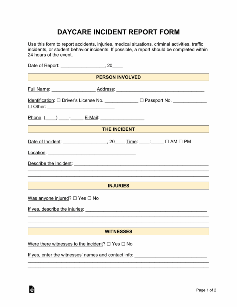 Free Daycare Incident Report Form PDF Word EForms