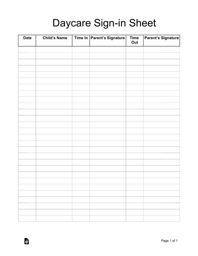 Free Daycare Sign in Sheet Template PDF Word EForms