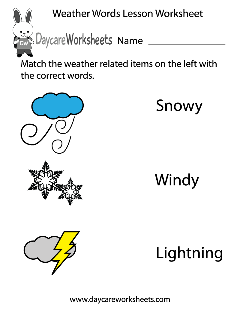 Free Preschool Weather Words Lesson Worksheet