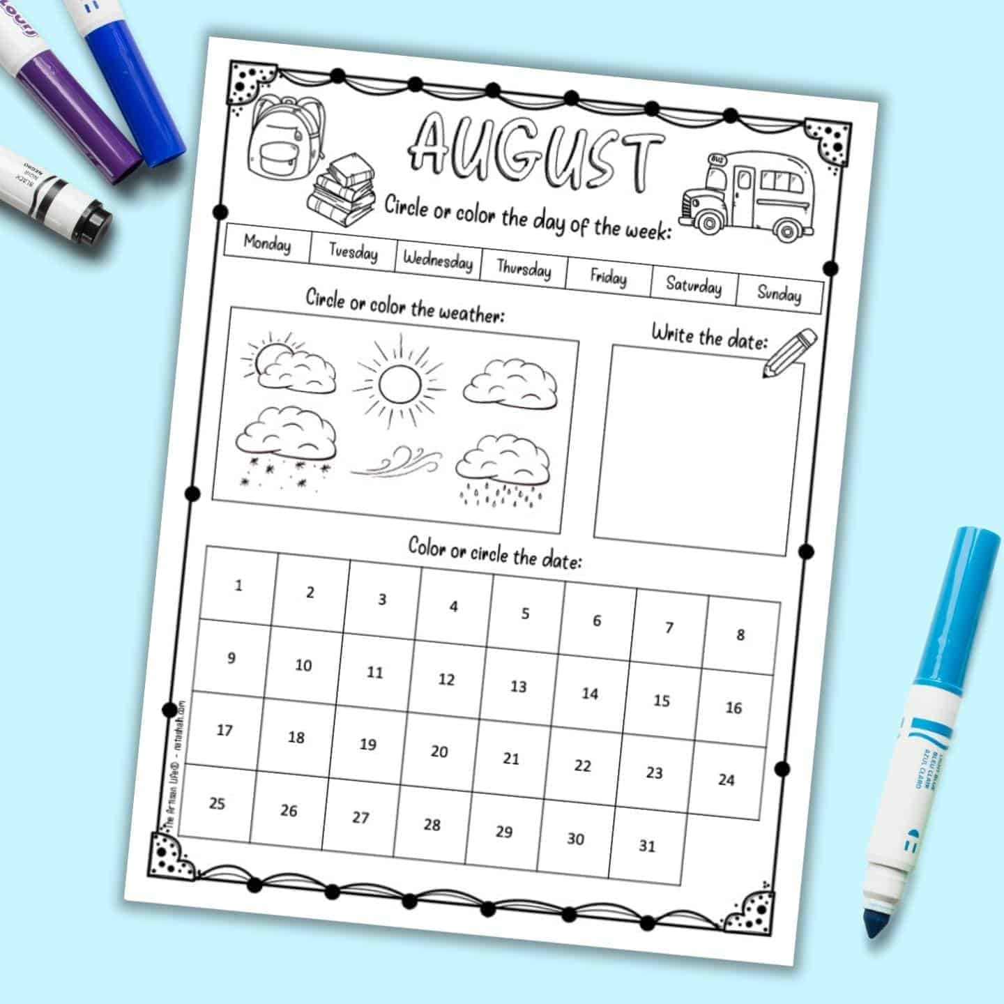 Free Printable August Calendar Worksheet For Kids The Artisan Life