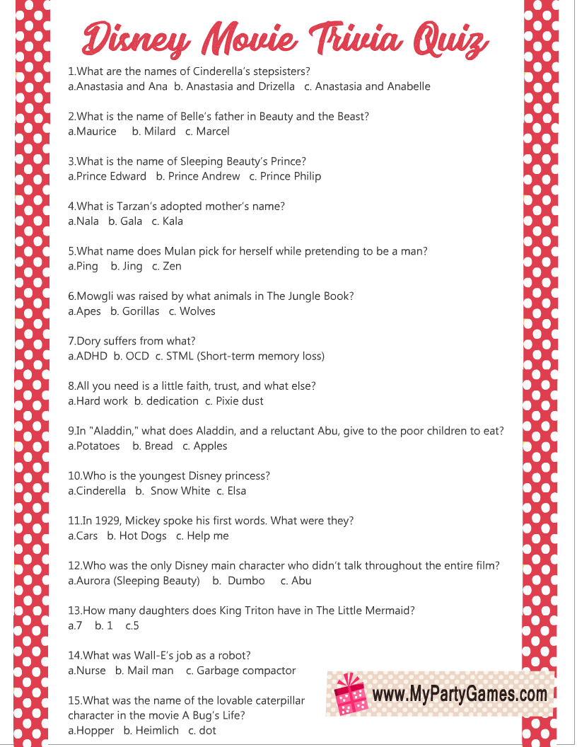 Free Printable Disney Movie Trivia Quiz Worksheets Library