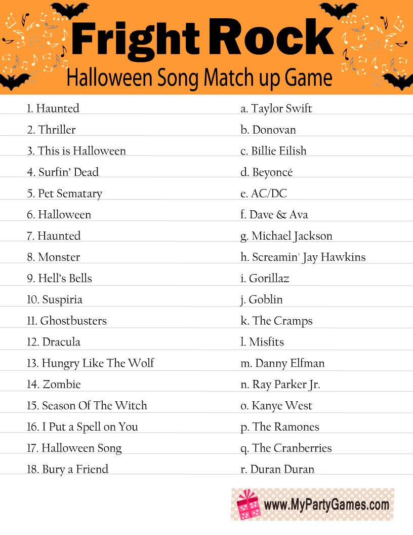 Free Printable Halloween Song Match up Game With Answer Key
