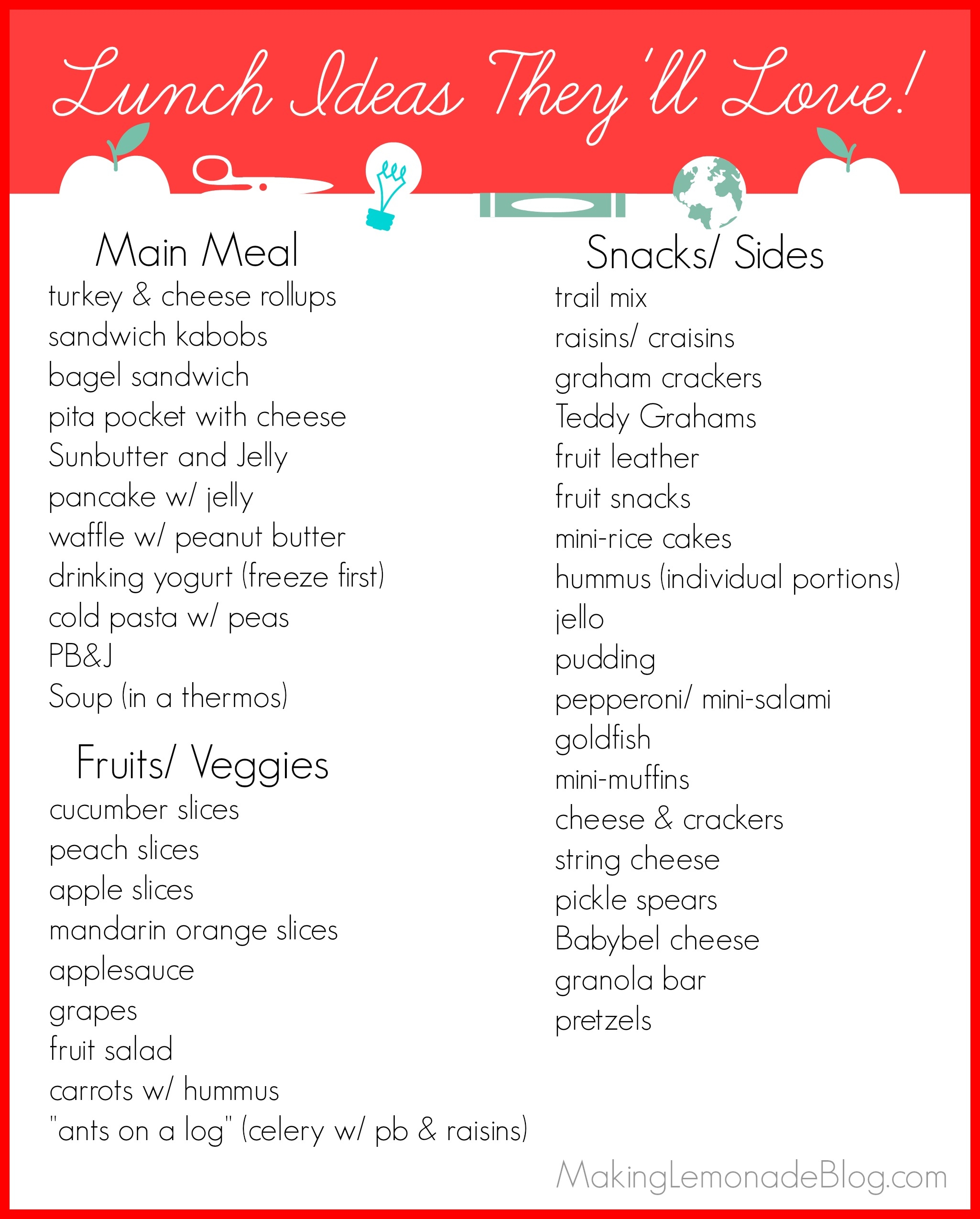 Printable Preschool Lunch Menu