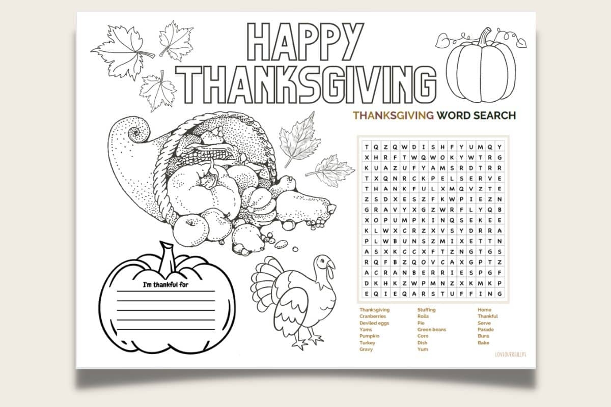 Printable Placemats For Thanksgiving For Preschool