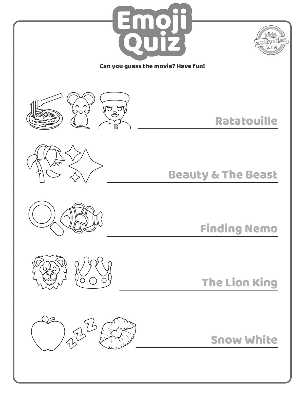 Printable Movie Quiz For Preschool