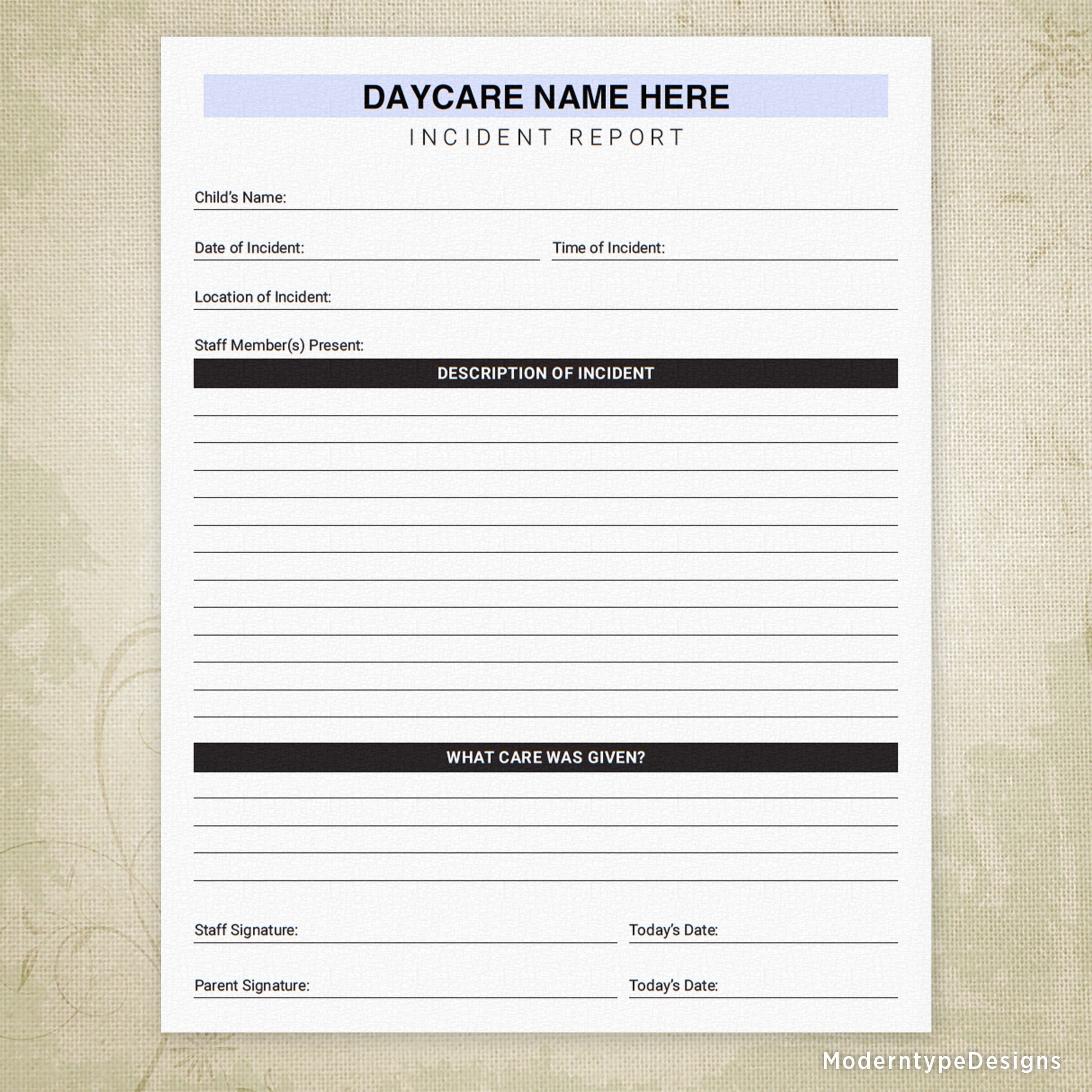 Incident Report Printable Daycare Form Child Accident Ouchie Sheet Digital File Instant Download Editable Name Irf001 Etsy Ireland