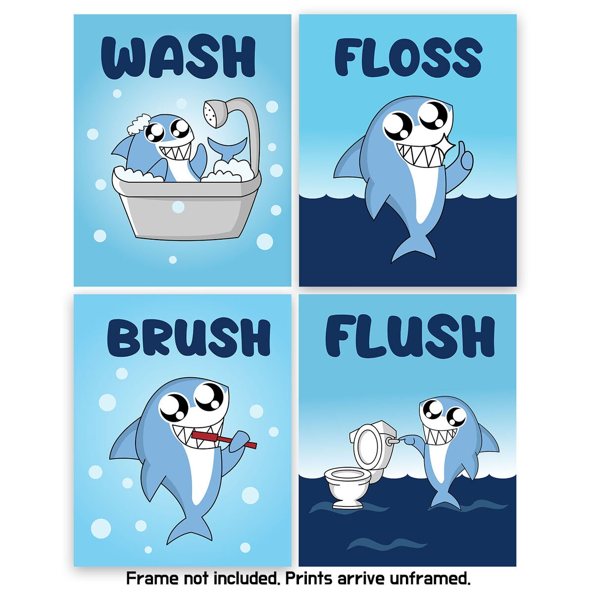 Kids Bathroom Signs Cute Shark Wall Art Prints Set Of 4 Unframed 8x10 Inches EBay