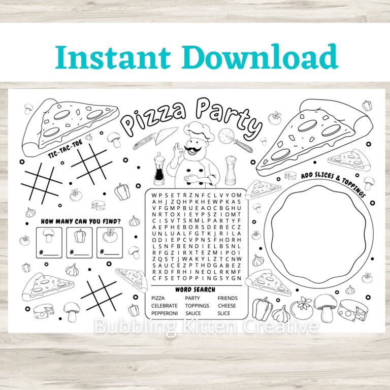 Kids Pizza Party Placemat Activity U0026 Coloring Sheet Printable Kids Party Favor Instant Download