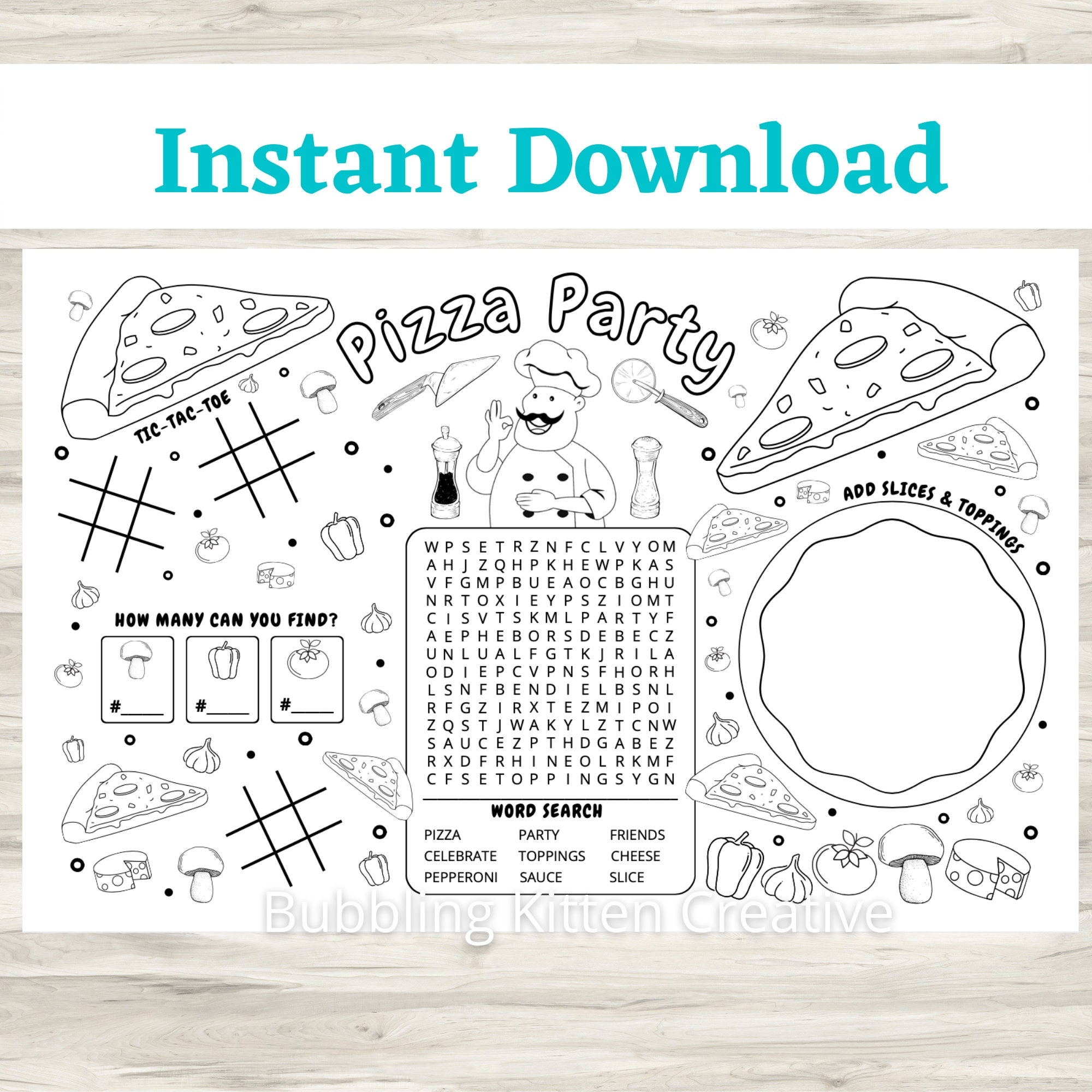 Kids Pizza Party Placemat Activity U0026 Coloring Sheet Printable Kids Party Favor Instant Download