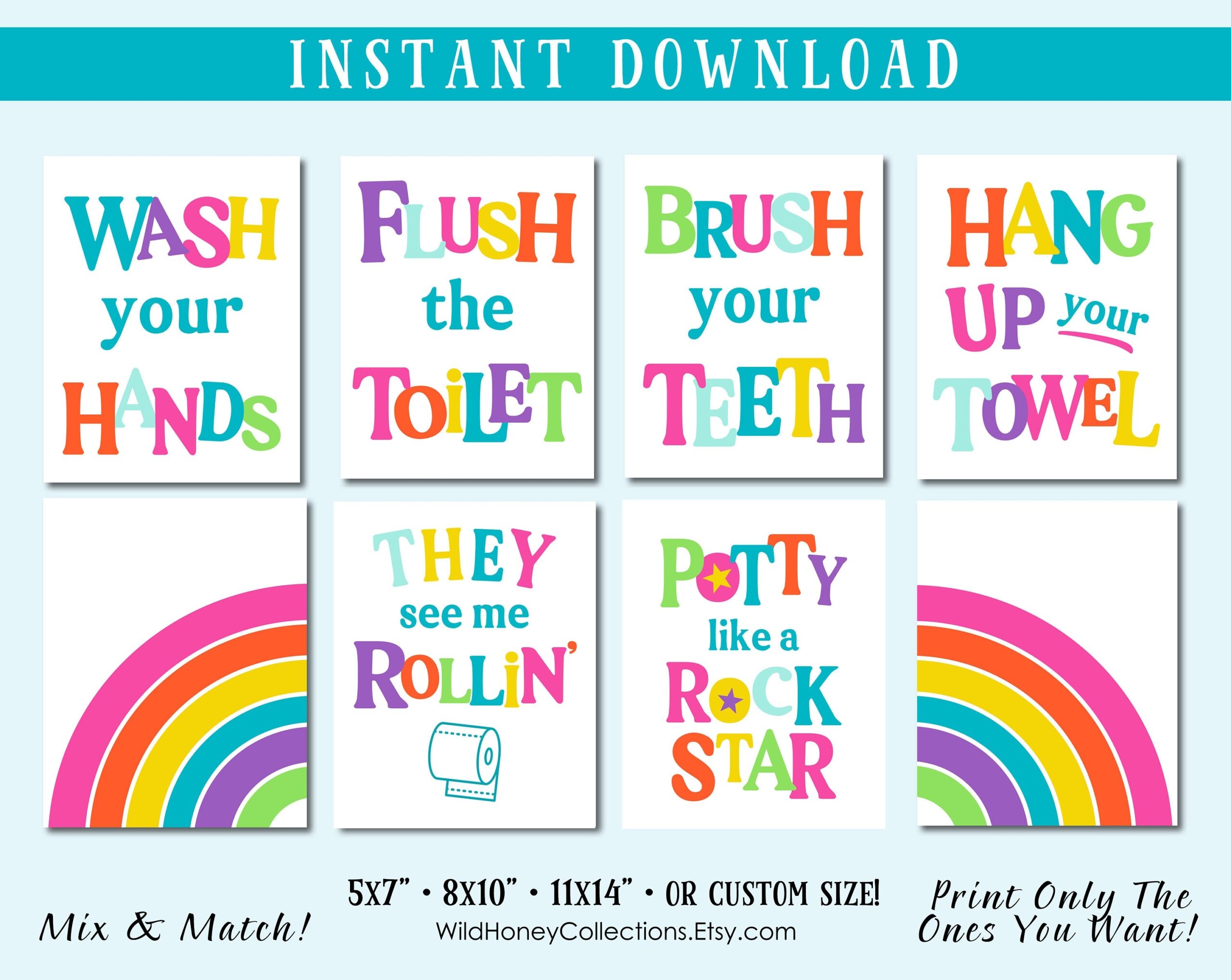 Kids Rainbow Bathroom Decor Printable Wall Art Bright Colors Worksheets Library
