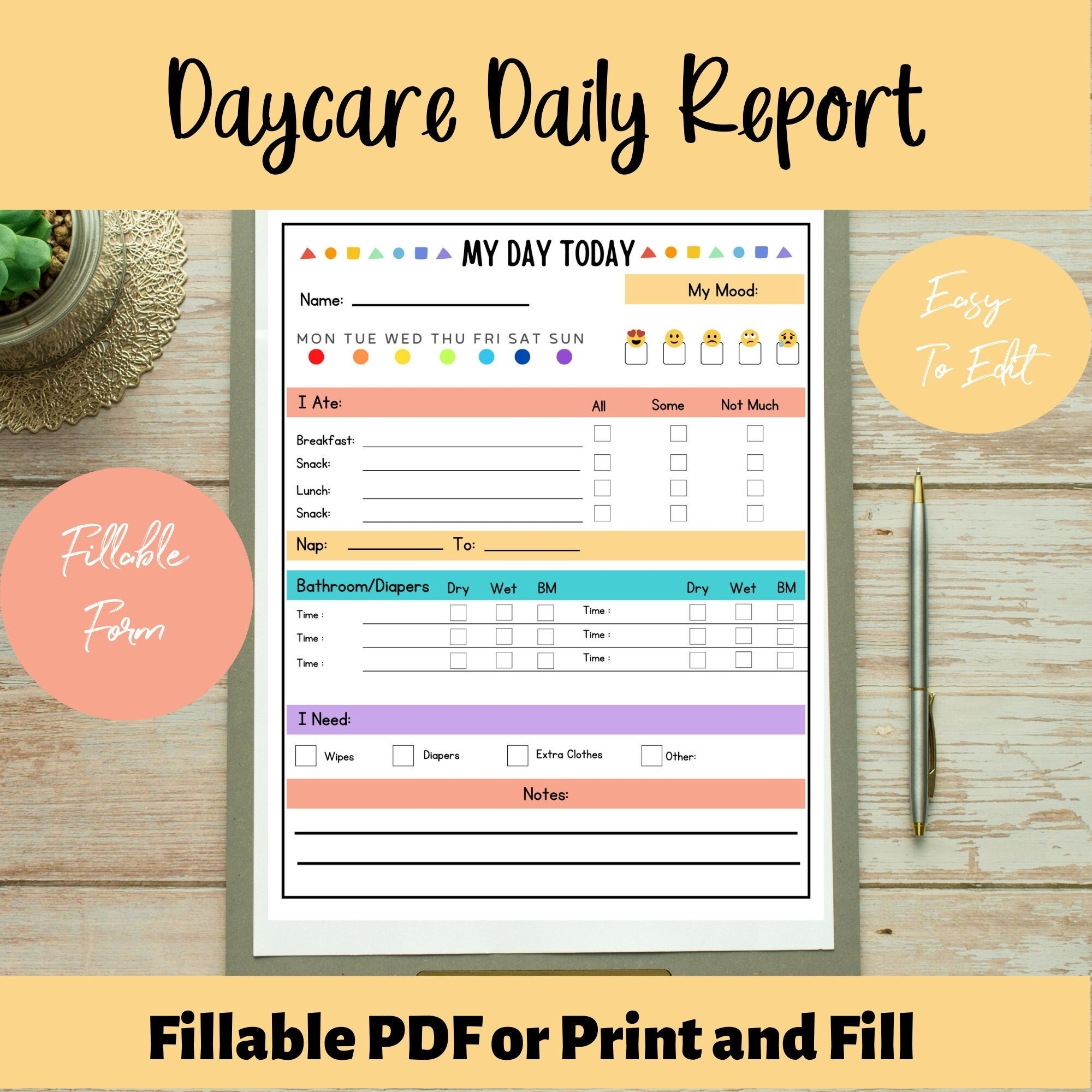 My Day Today Daycare Daily Report Fillable Daily Report For Daycare Daycare Communication Logs Childcare Communication Toddler Daily
