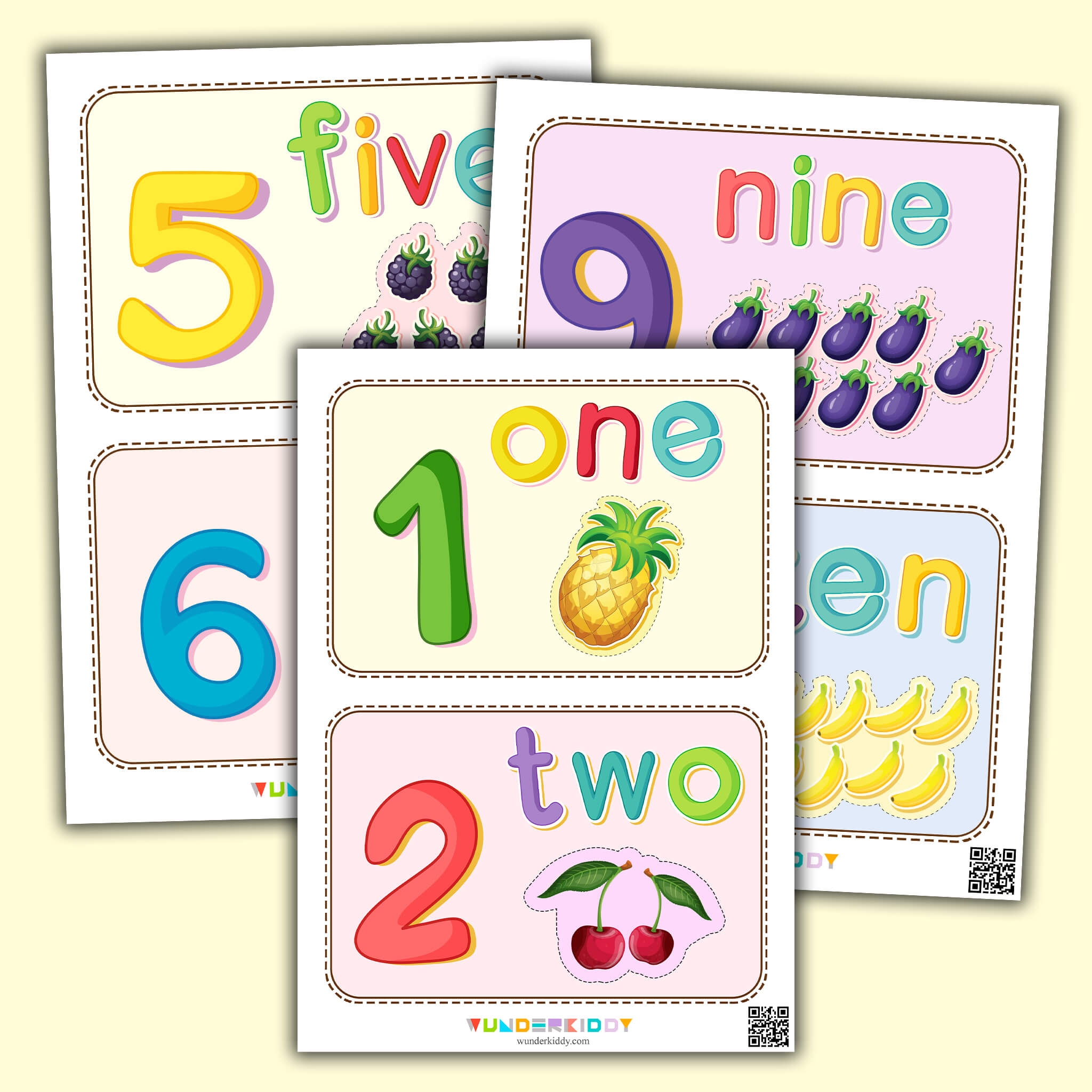 Number Flashcards With Fruits And Vegetables Illustrations