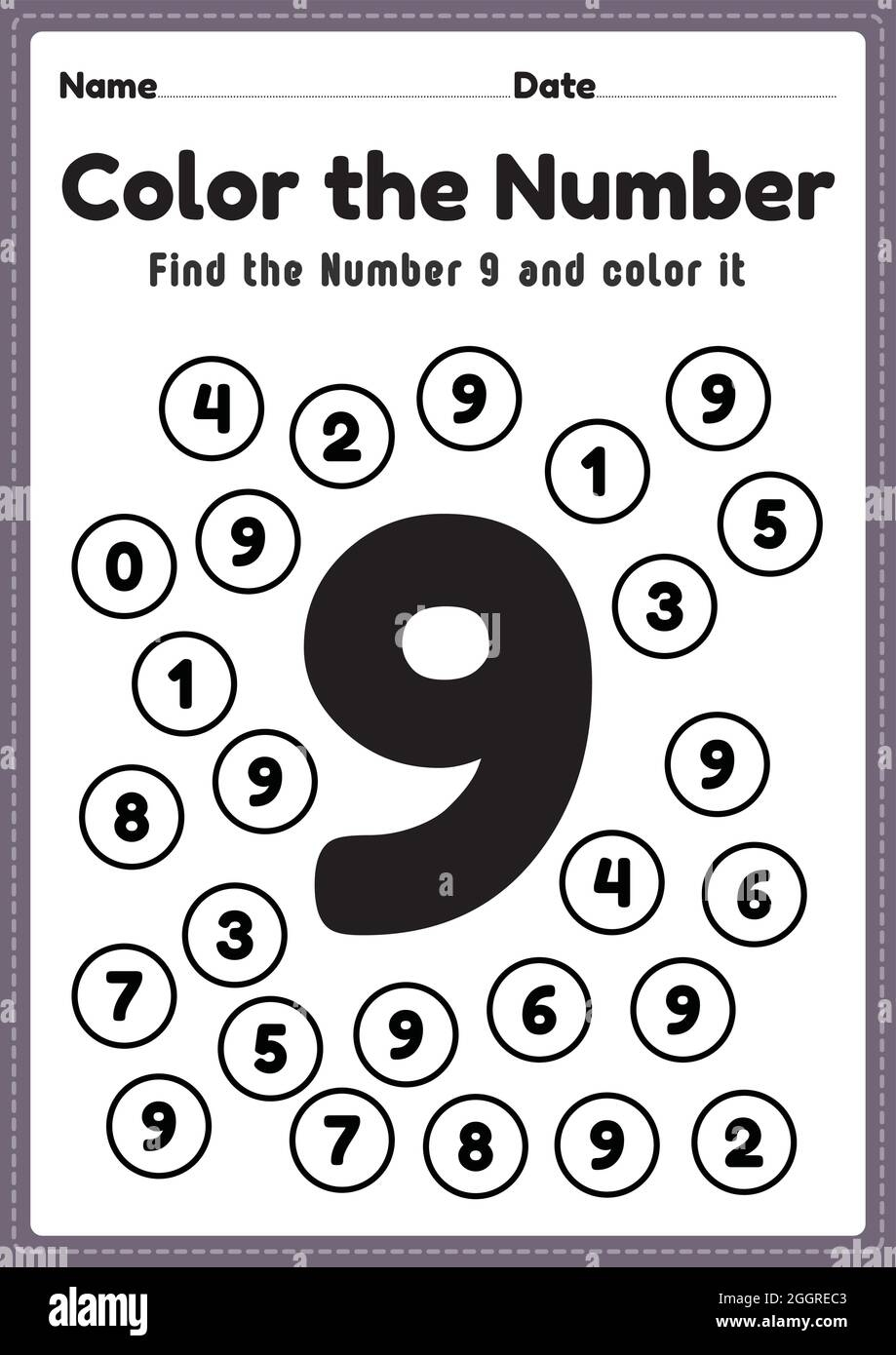 Number Worksheets For Preschool Number 9 Coloring Math Activities For Kindergarten Kids To Learn Basic Mathematics Skills In A Printable Page Stock Vector Image U0026 Art Alamy