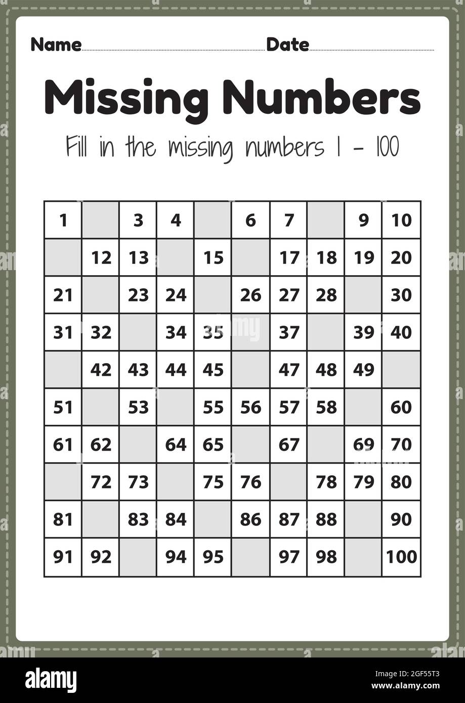 Number Worksheets Missing Numbers 1 To 100 Printable Sheet For Preschool And Kindergarten Kids Activity To Learn Basic Mathematics Skills Stock Vector Image U0026 Art Alamy