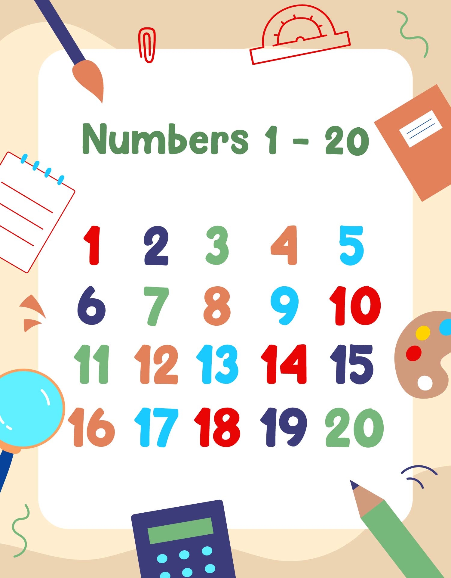 Printable Preschool Numbers Chart 1-20