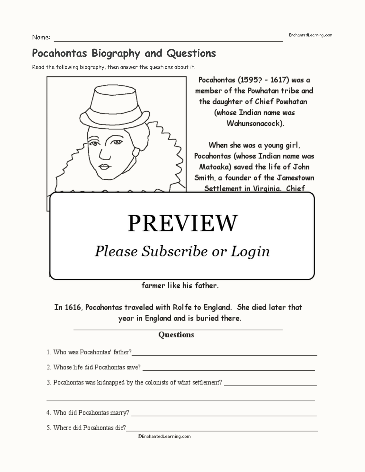 Pocahontas Biography And Questions Enchanted Learning