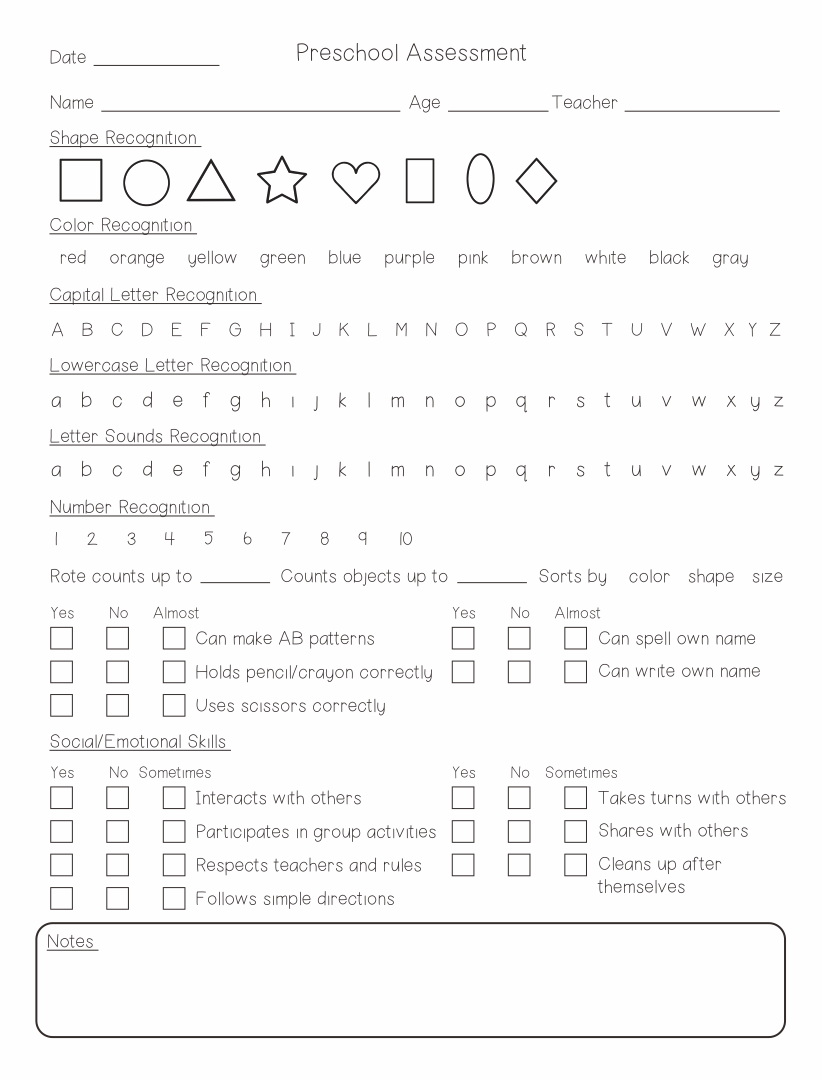 Pre K Assessment Forms PreKinders Preschool Activities 